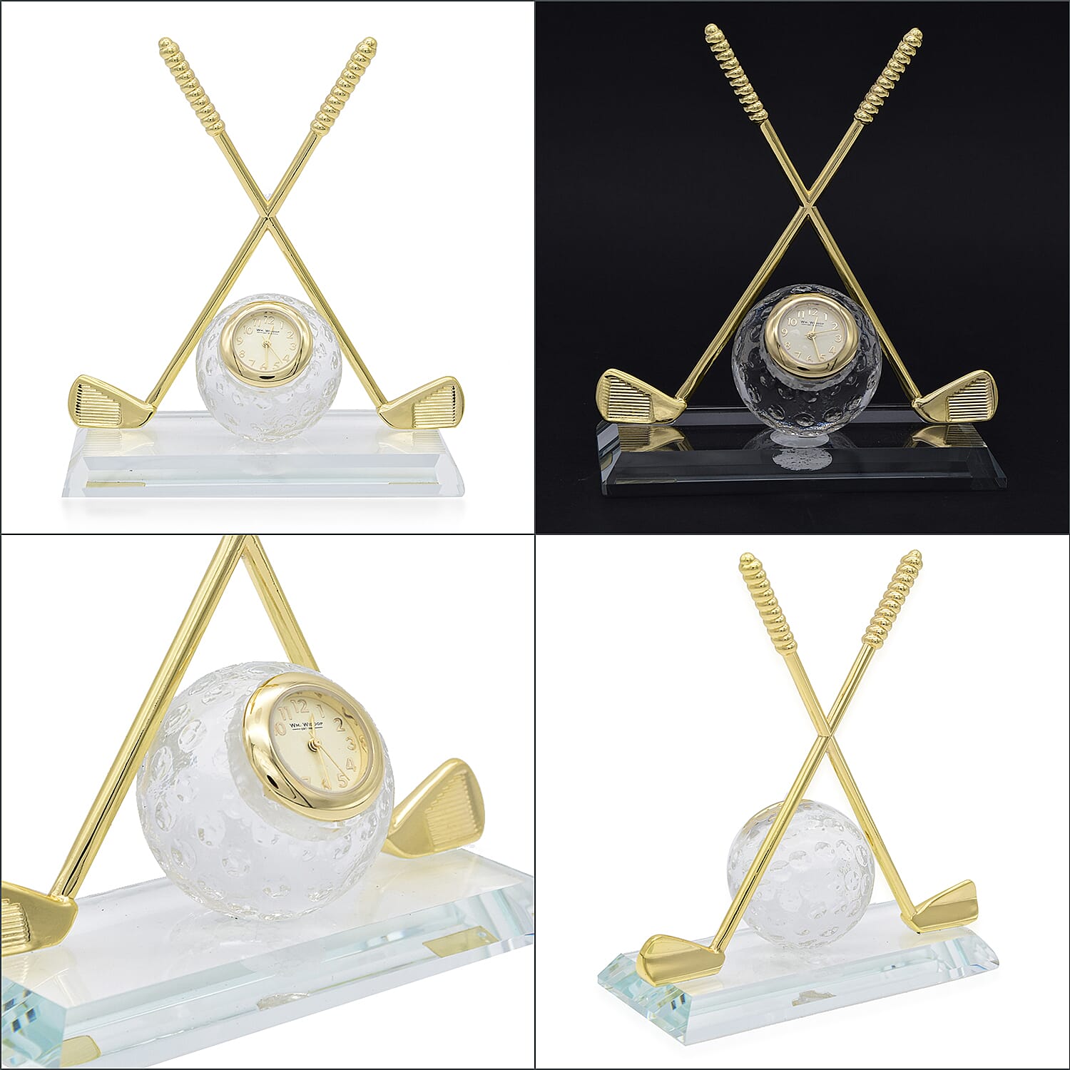 WILLIAM WIDDOP Miniature Clock - Crossed Golf Clubs with Glass Ball in Gold Tone