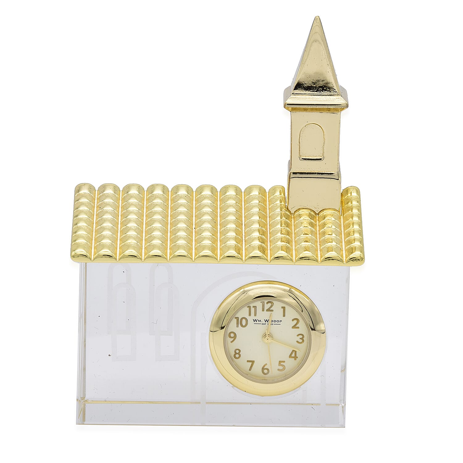WILLIAM WIDDOP - Miniature Glass Church Clock in Gold Tone