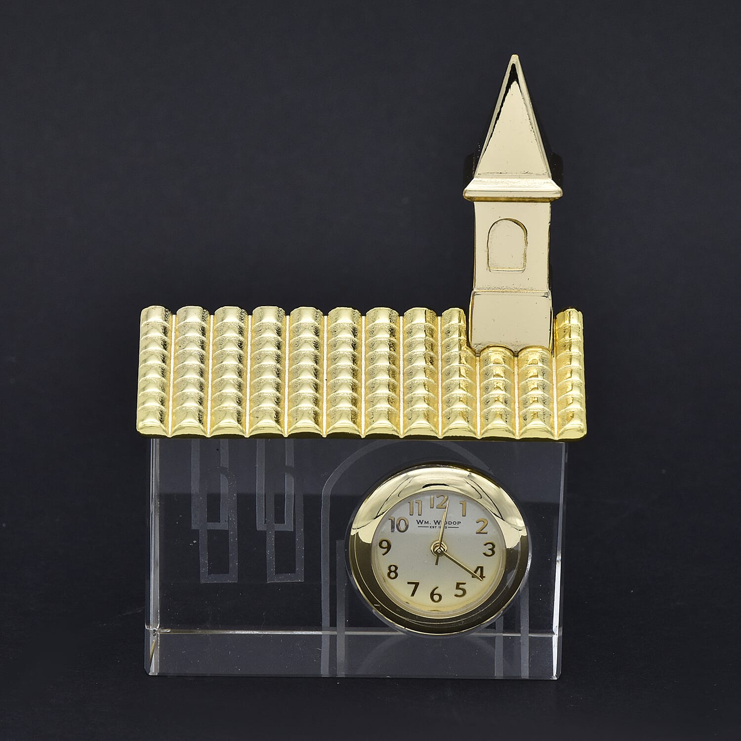 WILLIAM WIDDOP - Miniature Glass Church Clock in Gold Tone