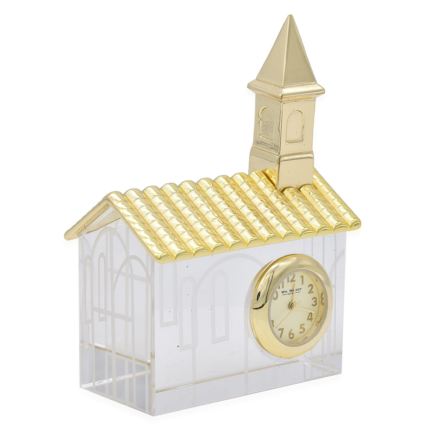 WILLIAM WIDDOP - Miniature Glass Church Clock in Gold Tone