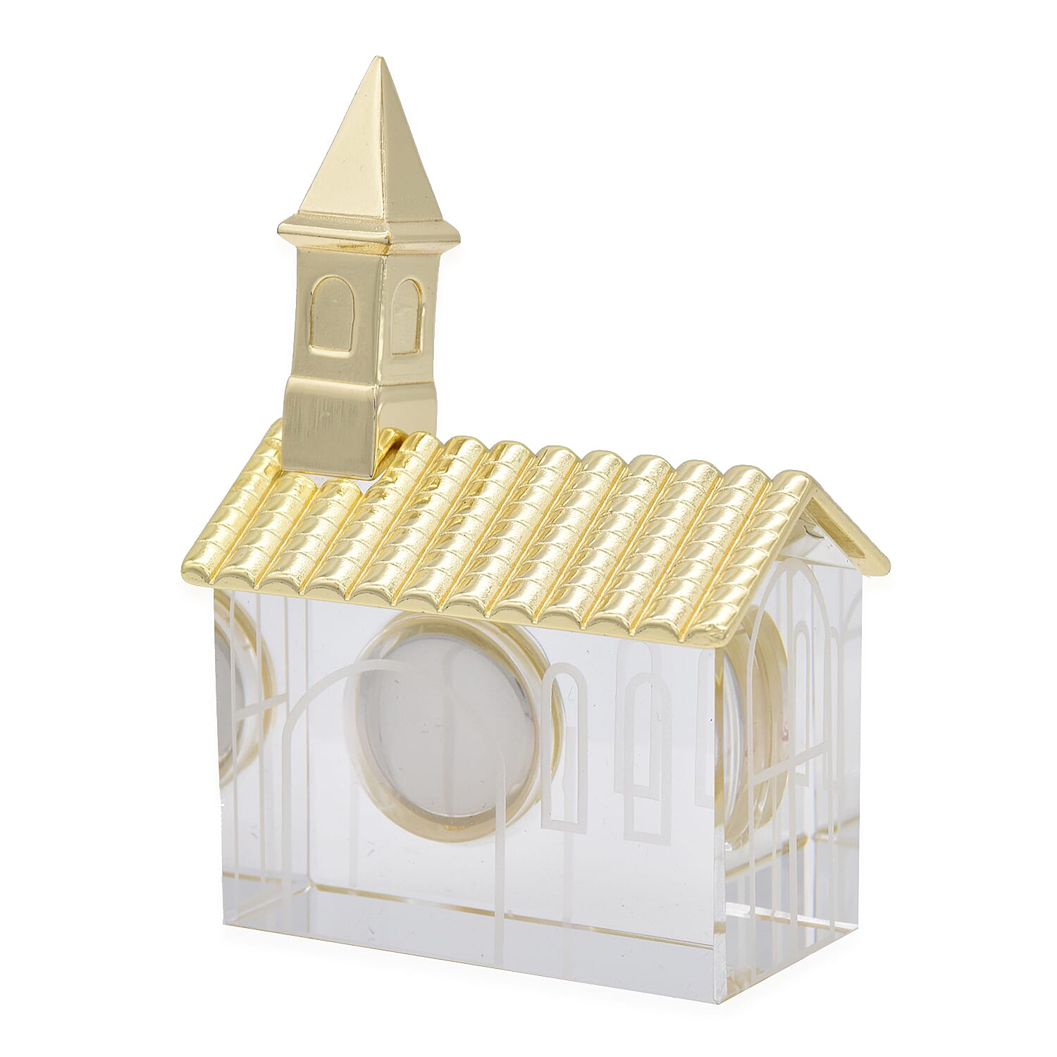 WILLIAM WIDDOP - Miniature Glass Church Clock in Gold Tone