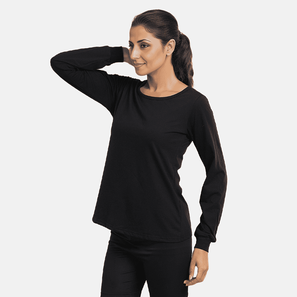 100% Cotton Single Jersey Loungewear Long Sleeve T- shirt in Black (Size: Large)