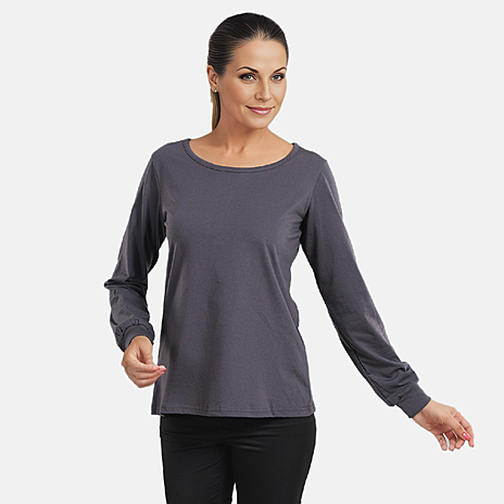 100% Cotton Single Jersey Loungewear Long Sleeve T- shirt in Grey (Size- Large)