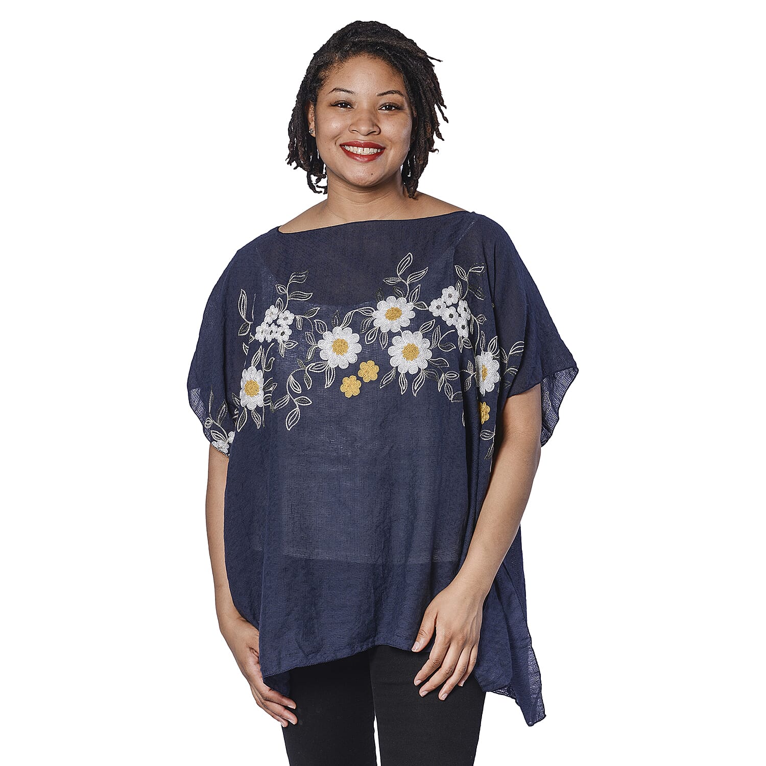 Jovie Embroidered Flower Pattern Top in Navy (Size 90x70)