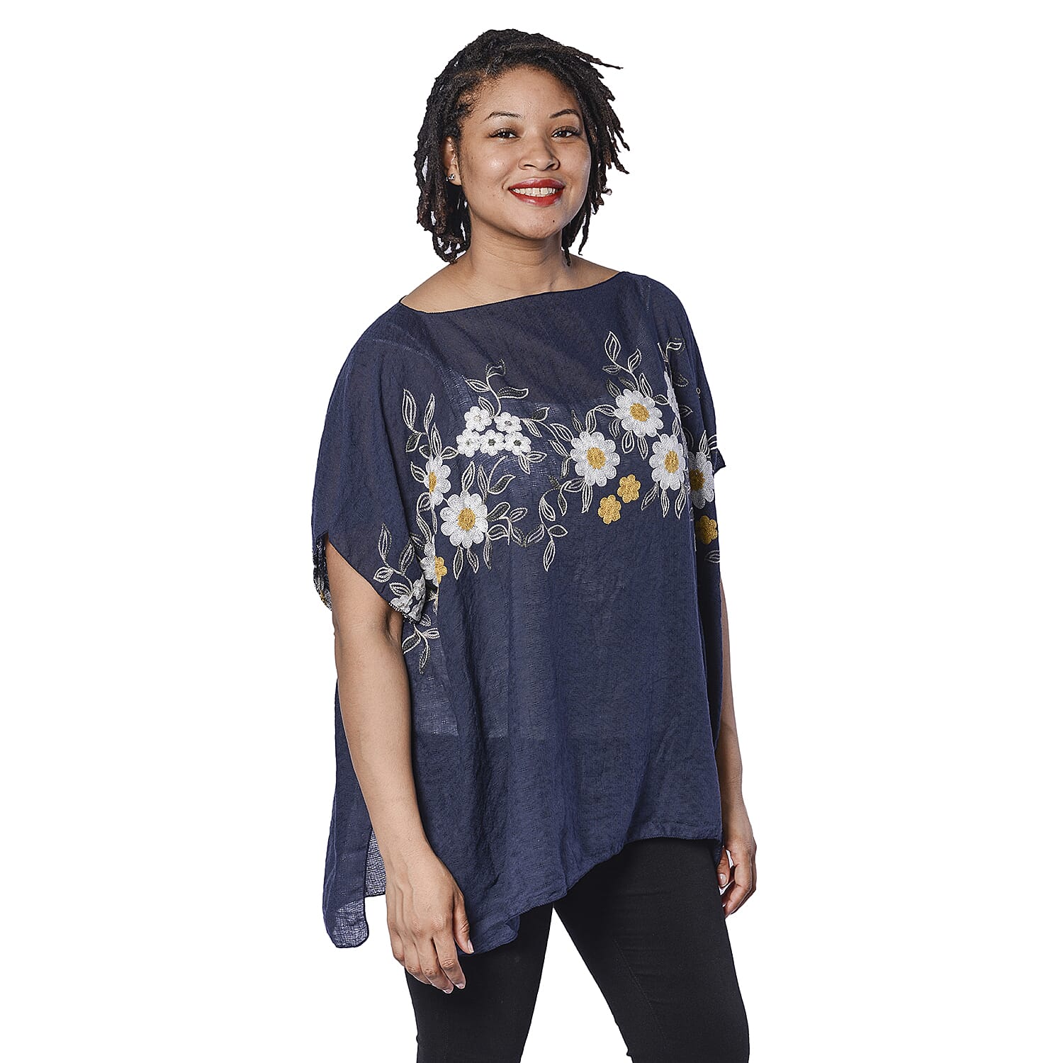 Jovie Embroidered Flower Pattern Top in Navy (Size 90x70)