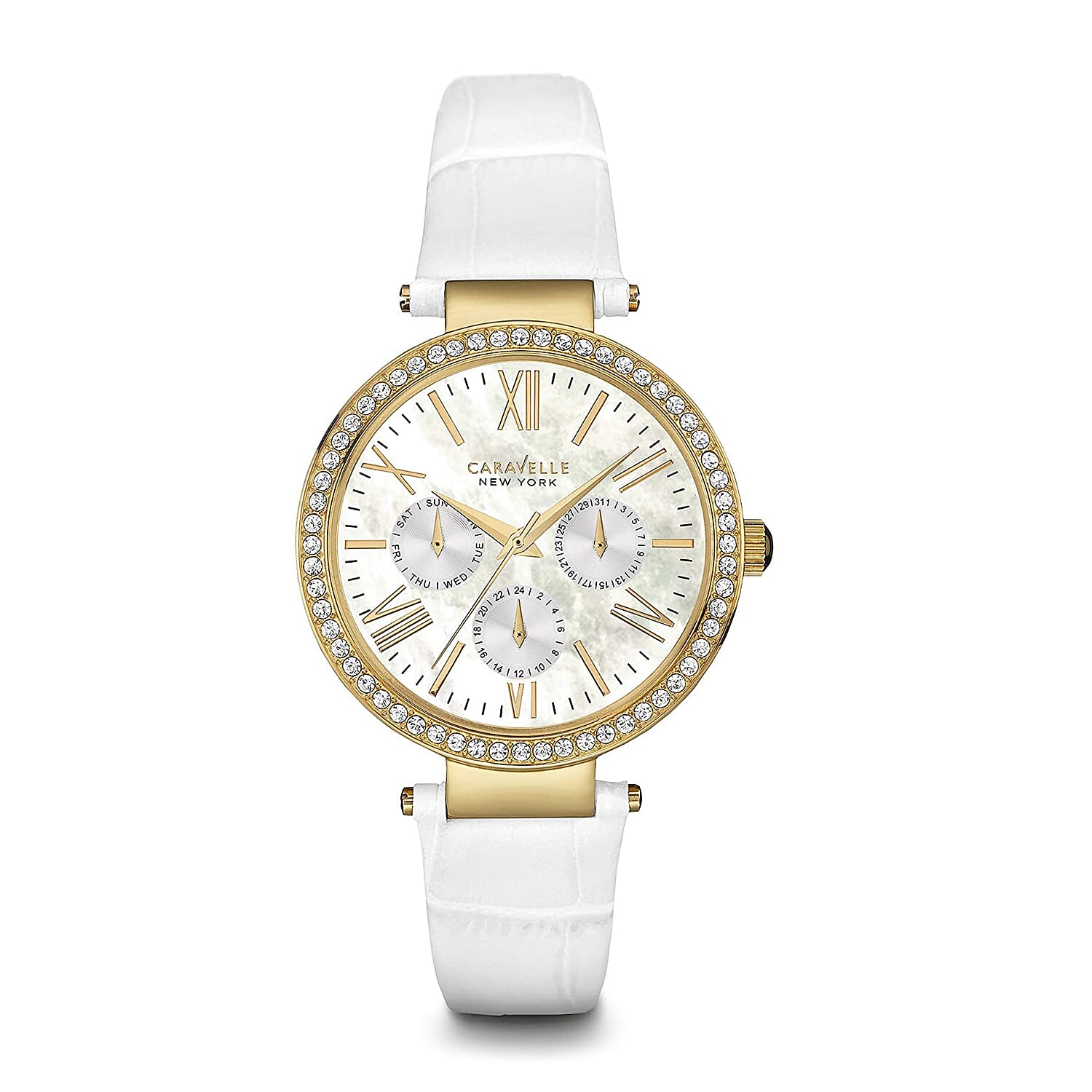 CARAVELLE Gold Tone Dial Ladies Watch with White Leather Strap