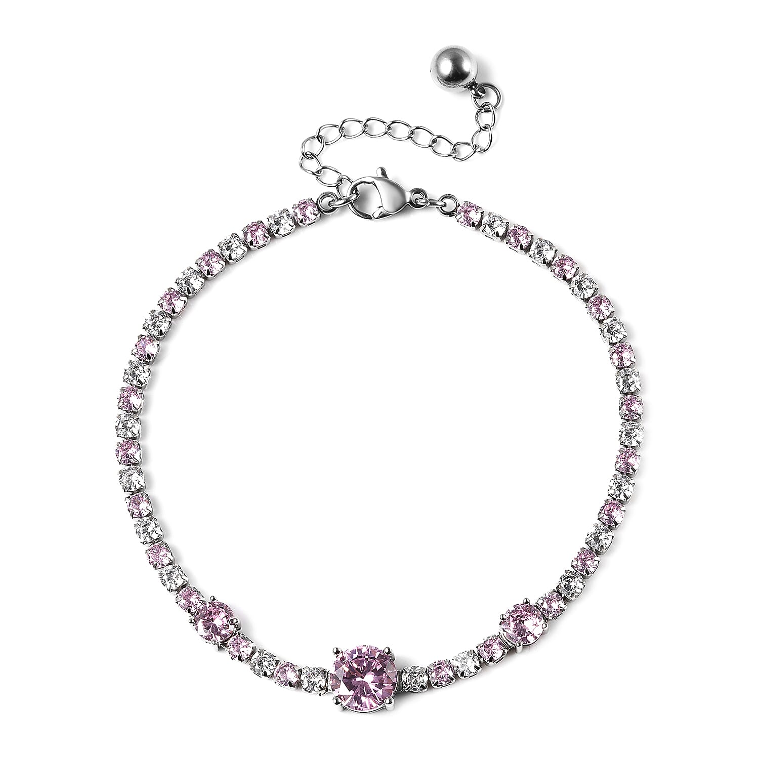 Simulated Pink Sapphire and Simulated Diamond Bracelet (Size - 7.5 with 1 inch Extender) in Silver Tone
