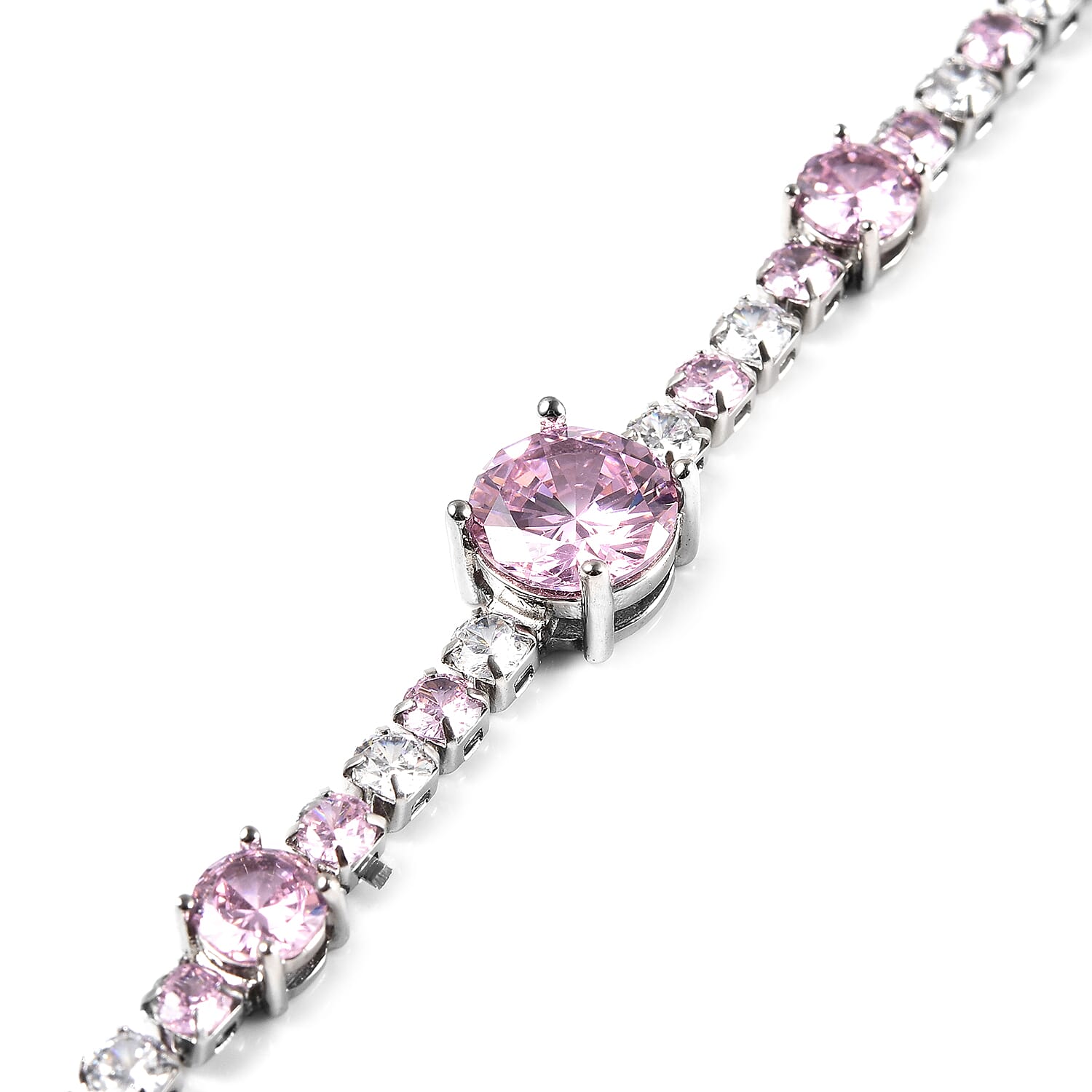 Simulated Pink Sapphire and Simulated Diamond Bracelet (Size - 7.5 with 1 inch Extender) in Silver Tone