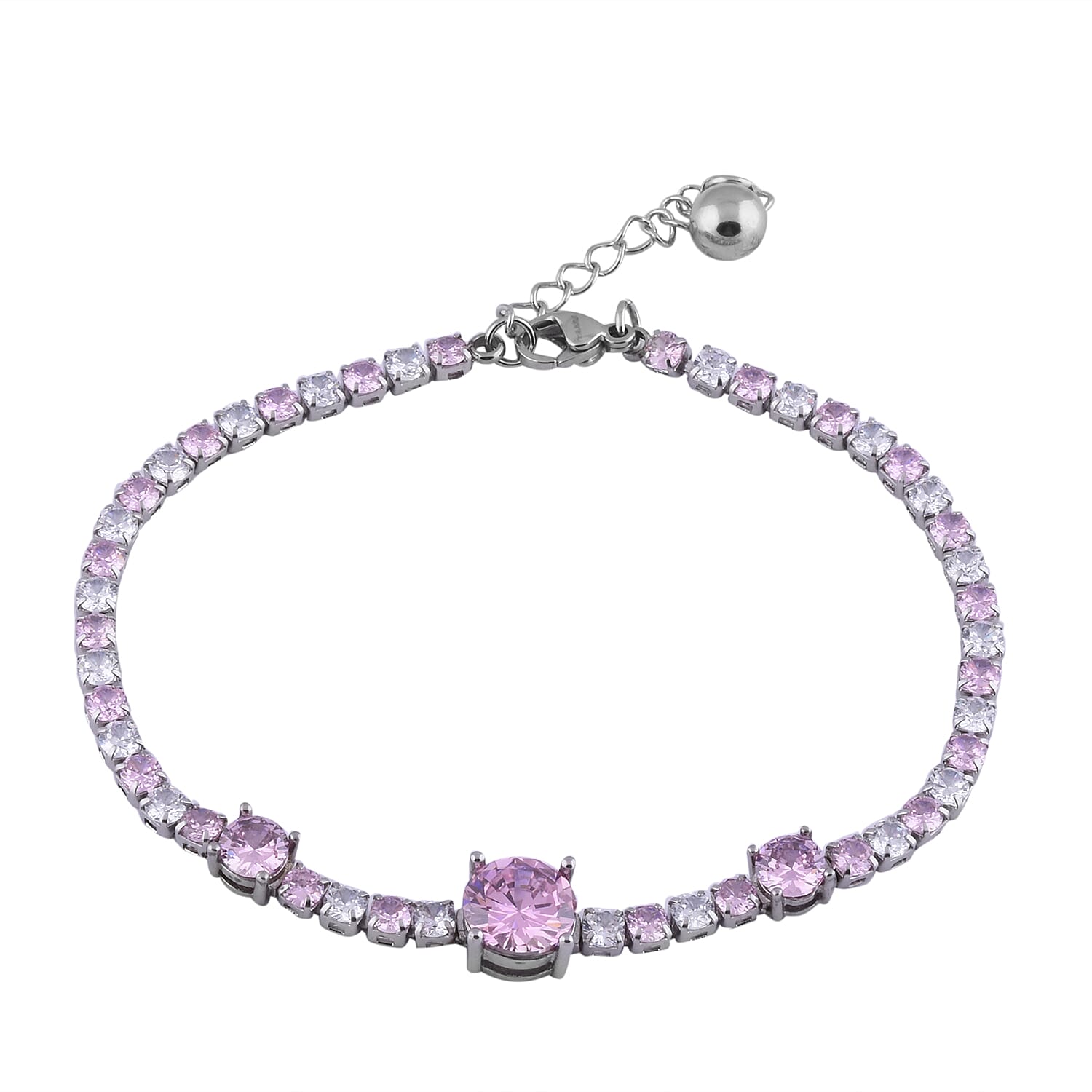 Simulated Pink Sapphire and Simulated Diamond Bracelet (Size - 7.5 with 1 inch Extender) in Silver Tone