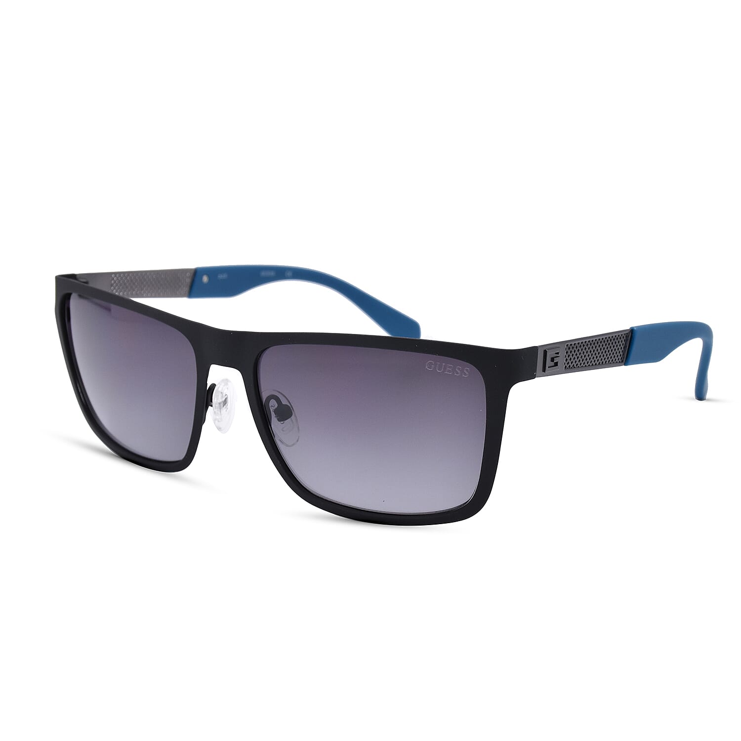 GUESS Rectangle Black Sunglasses with Grey Lenses and Blue Tips
