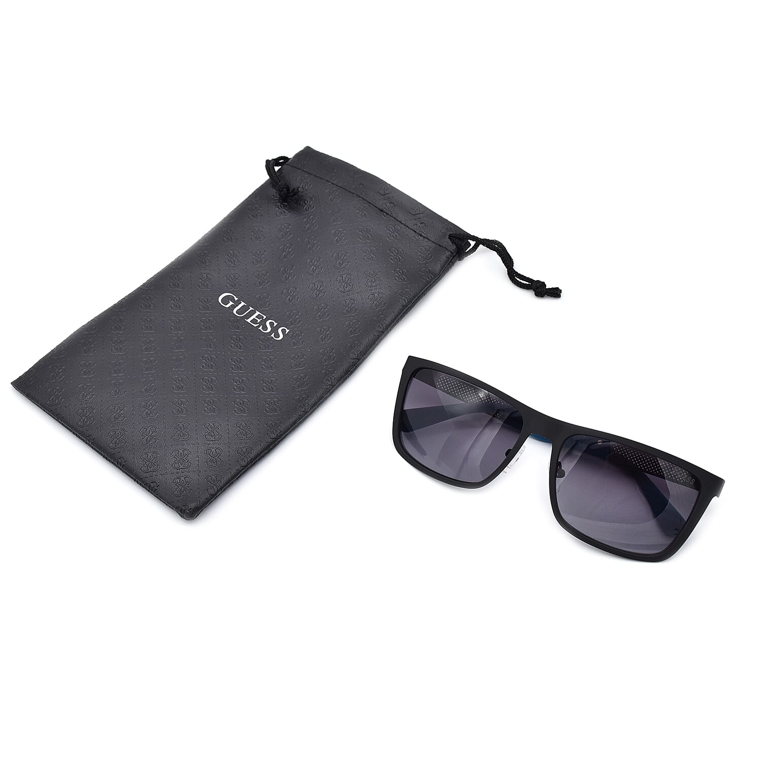 GUESS Rectangle Black Sunglasses with Grey Lenses and Blue Tips