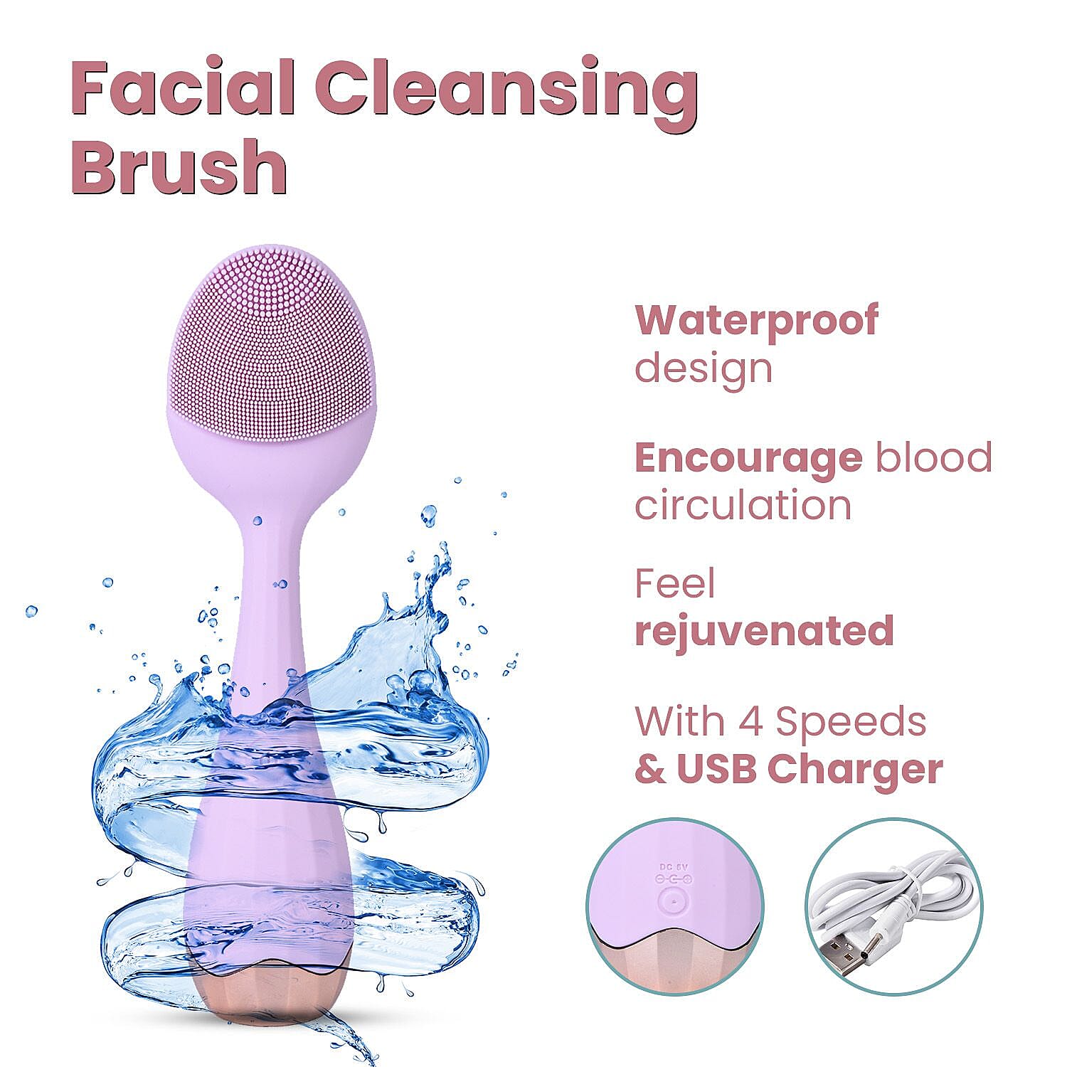 Waterproof Silicone Facial Cleansing Brush - Light Purple (with 4 Speeds & USB Charger)