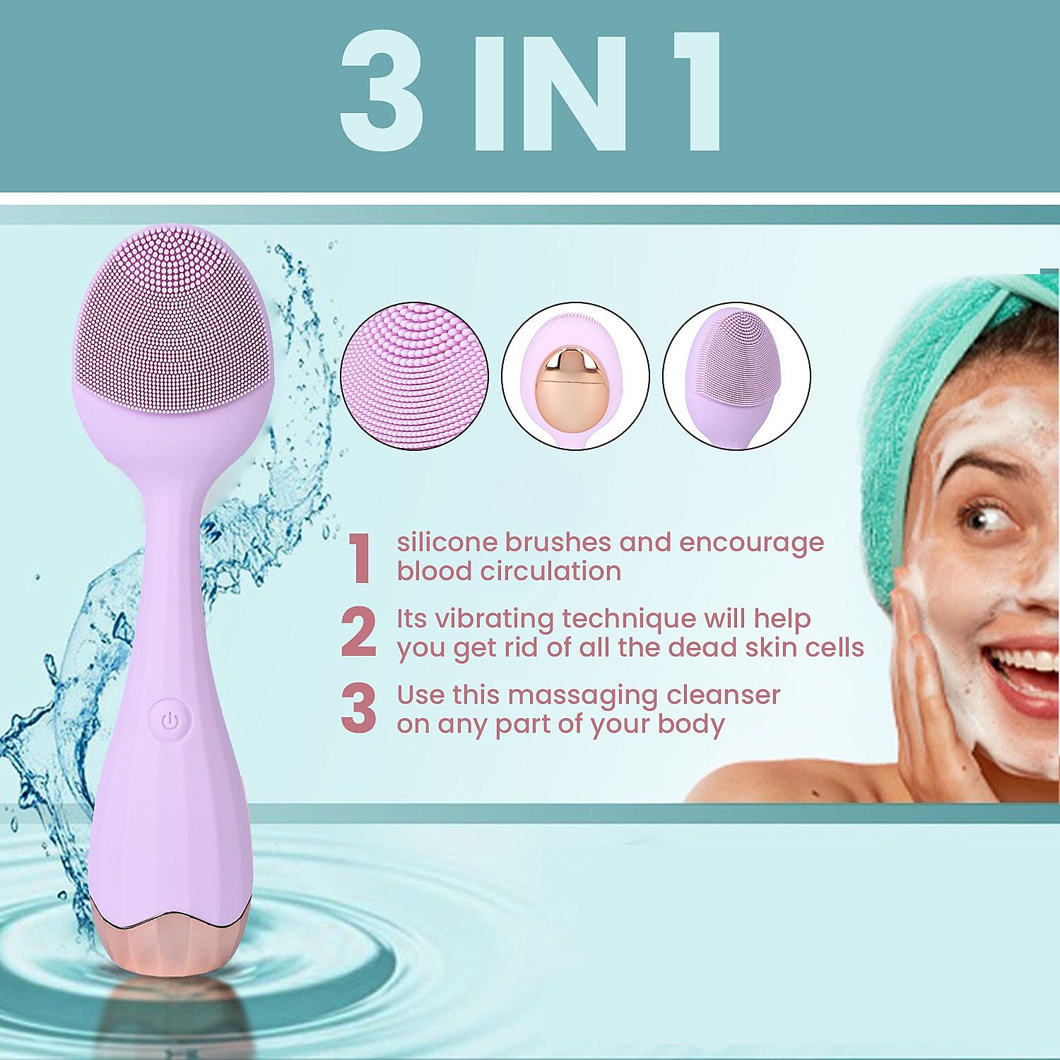 Waterproof Silicone Facial Cleansing Brush - Light Purple (with 4 Speeds & USB Charger)