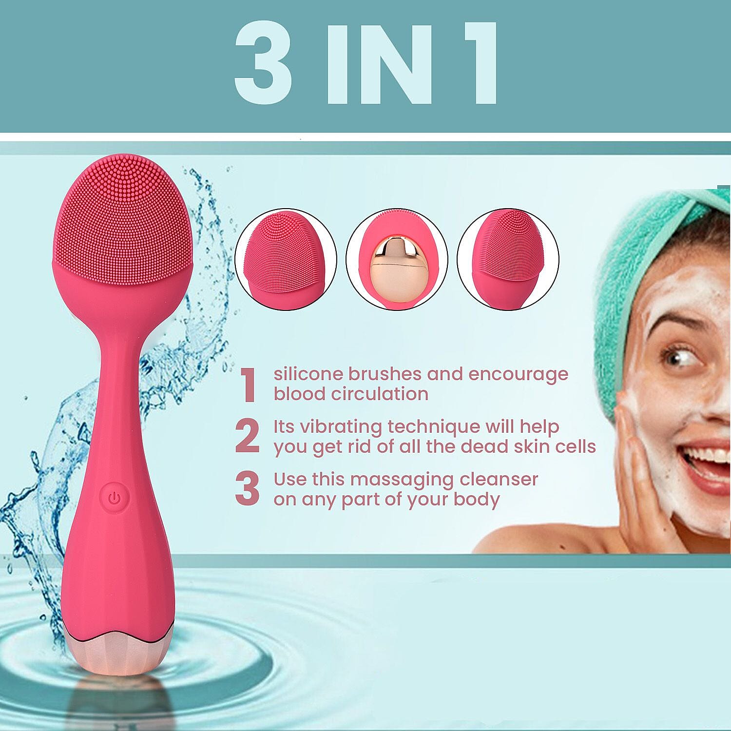 Waterproof Silicone Facial Cleansing Brush - Fuchsia (With 4 Speeds & USB Charger)