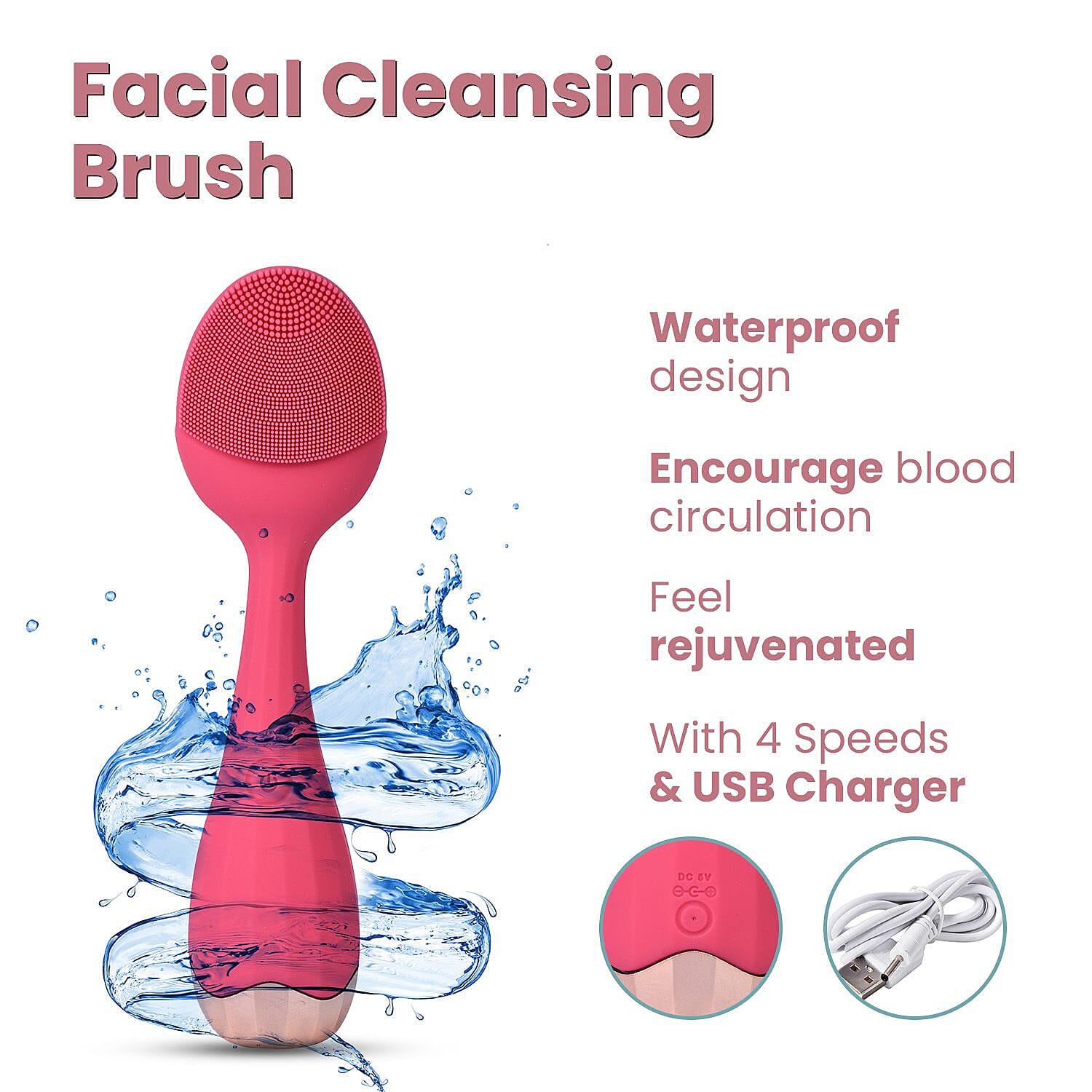 Waterproof Silicone Facial Cleansing Brush - Fuchsia (With 4 Speeds - USB Charger)
