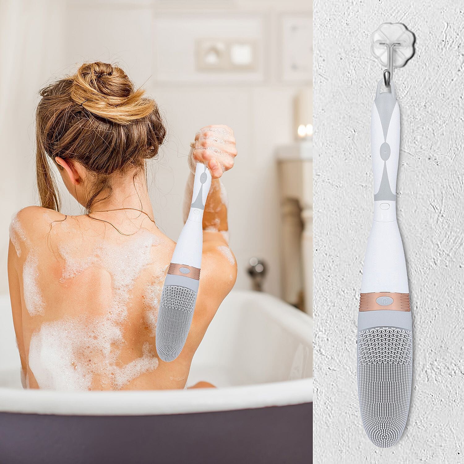 Electric Vibration Long Handle Silicone Bath Brush (Requires 2AA Batteries - Not Included) - Grey