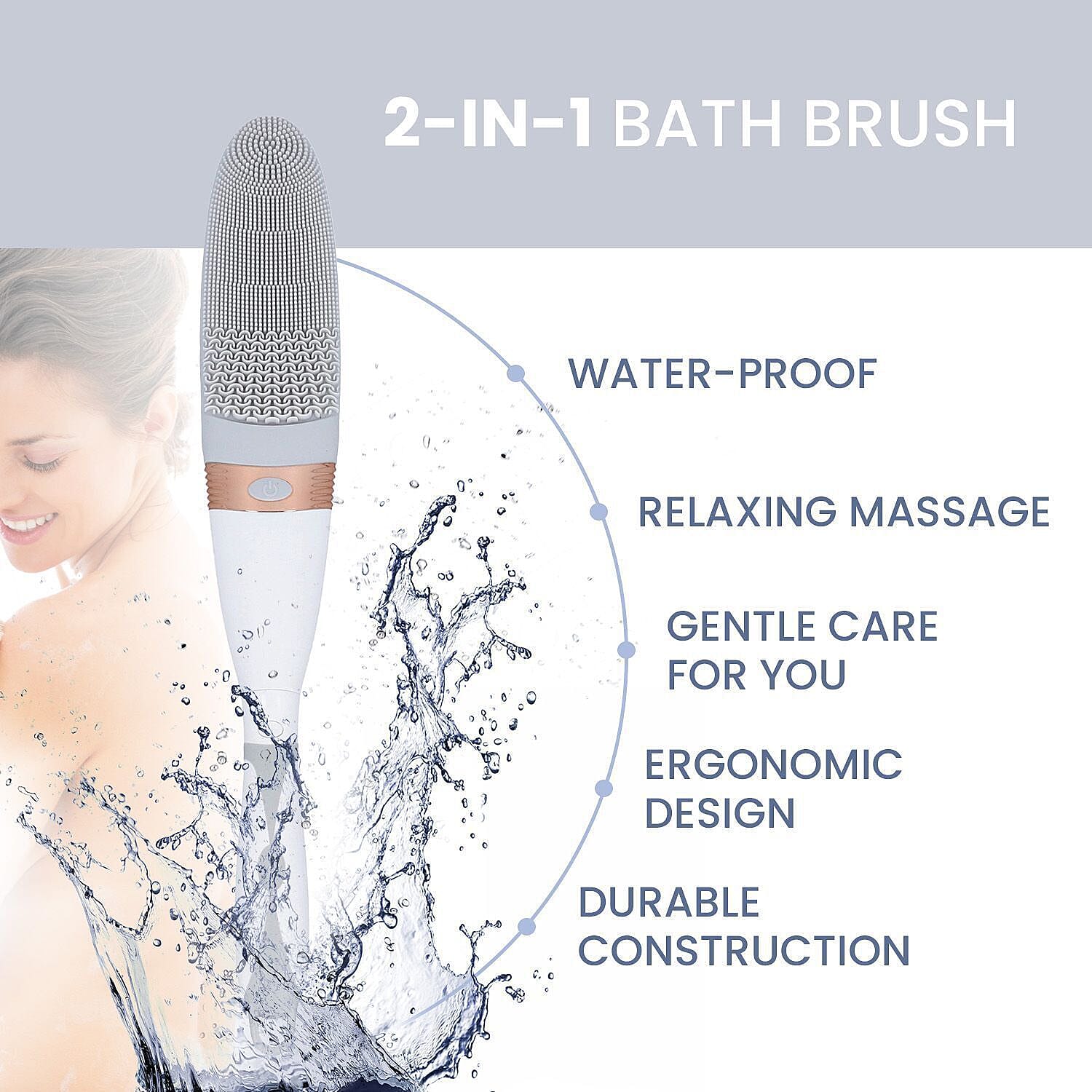 Electric Vibration Long Handle Silicone Bath Brush (Requires 2AA Batteries - Not Included) - Grey