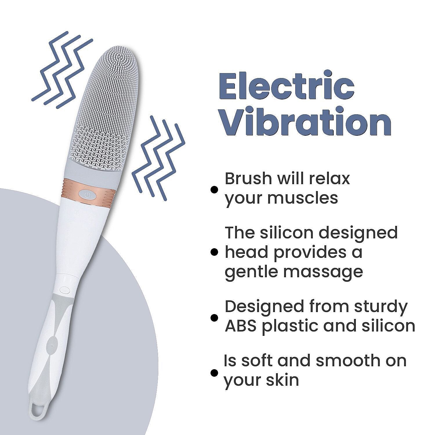 Electric Vibration Long Handle Silicone Bath Brush (Requires 2AA Batteries - Not Included) - Grey