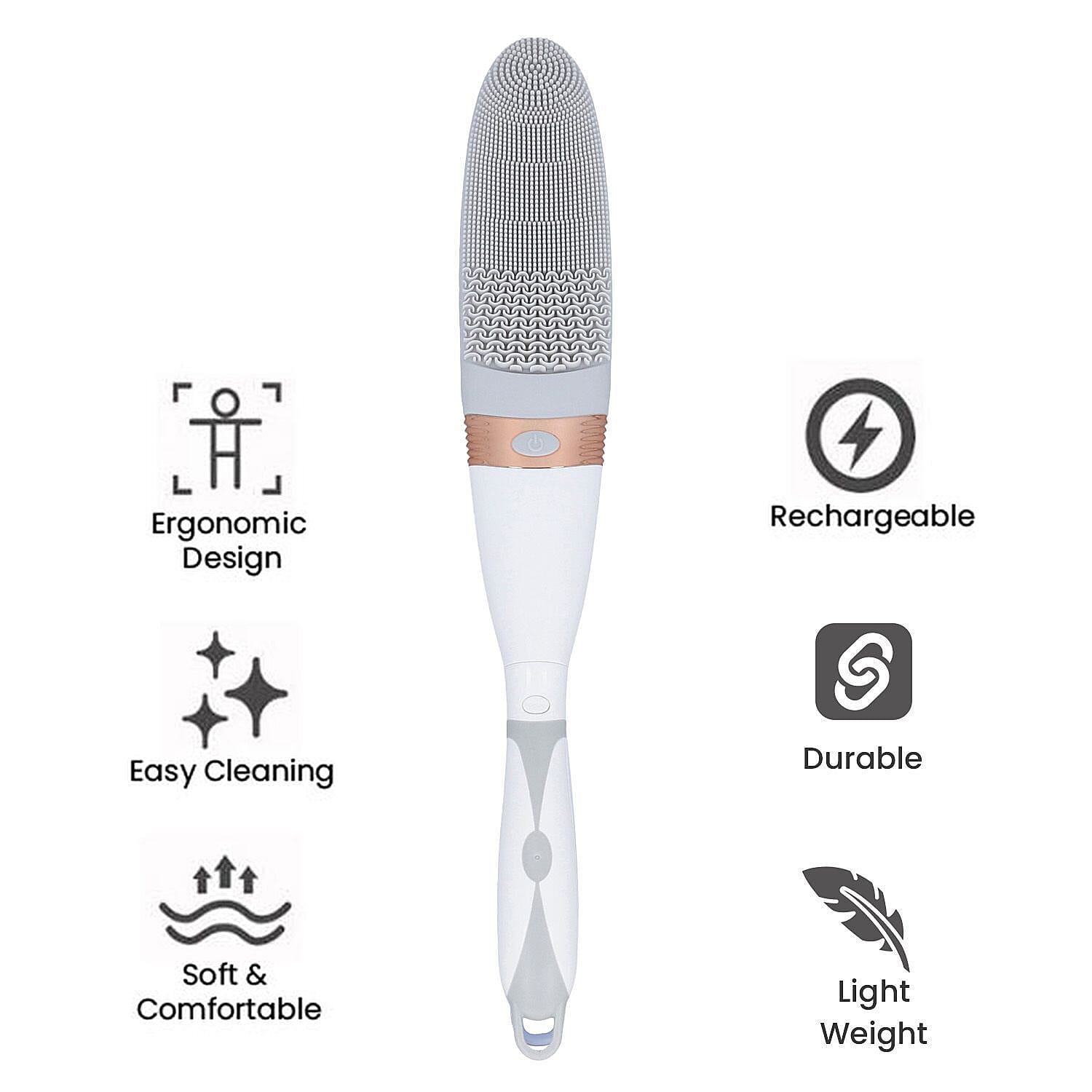 Electric Vibration Long Handle Silicone Bath Brush (Requires 2AA Batteries - Not Included) - Grey