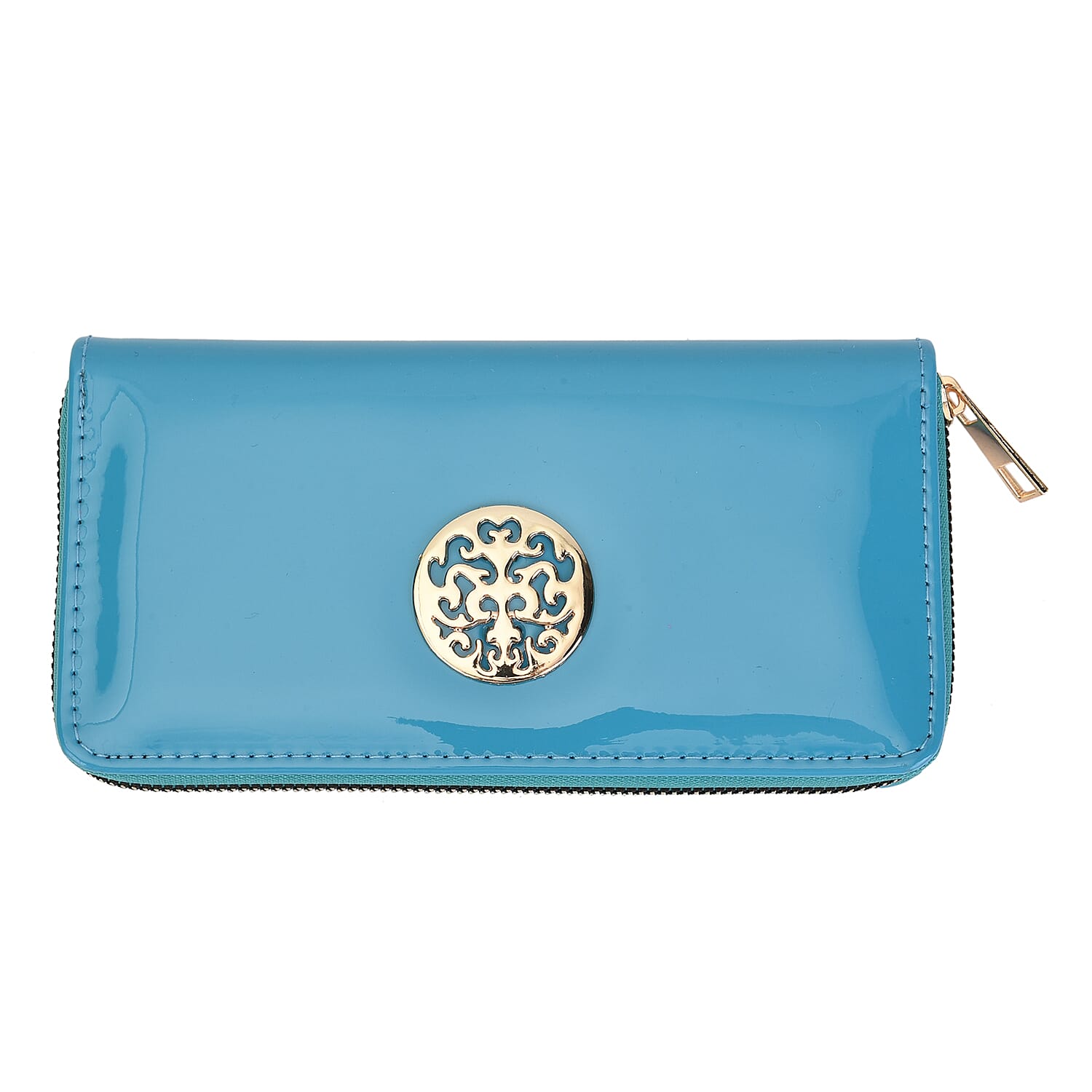 Designer Inspired  - Tree of Life Adorned RFID Wallet with Zip Around Closure  (Size:19x2.5x10Cm) - Turquoise Blue