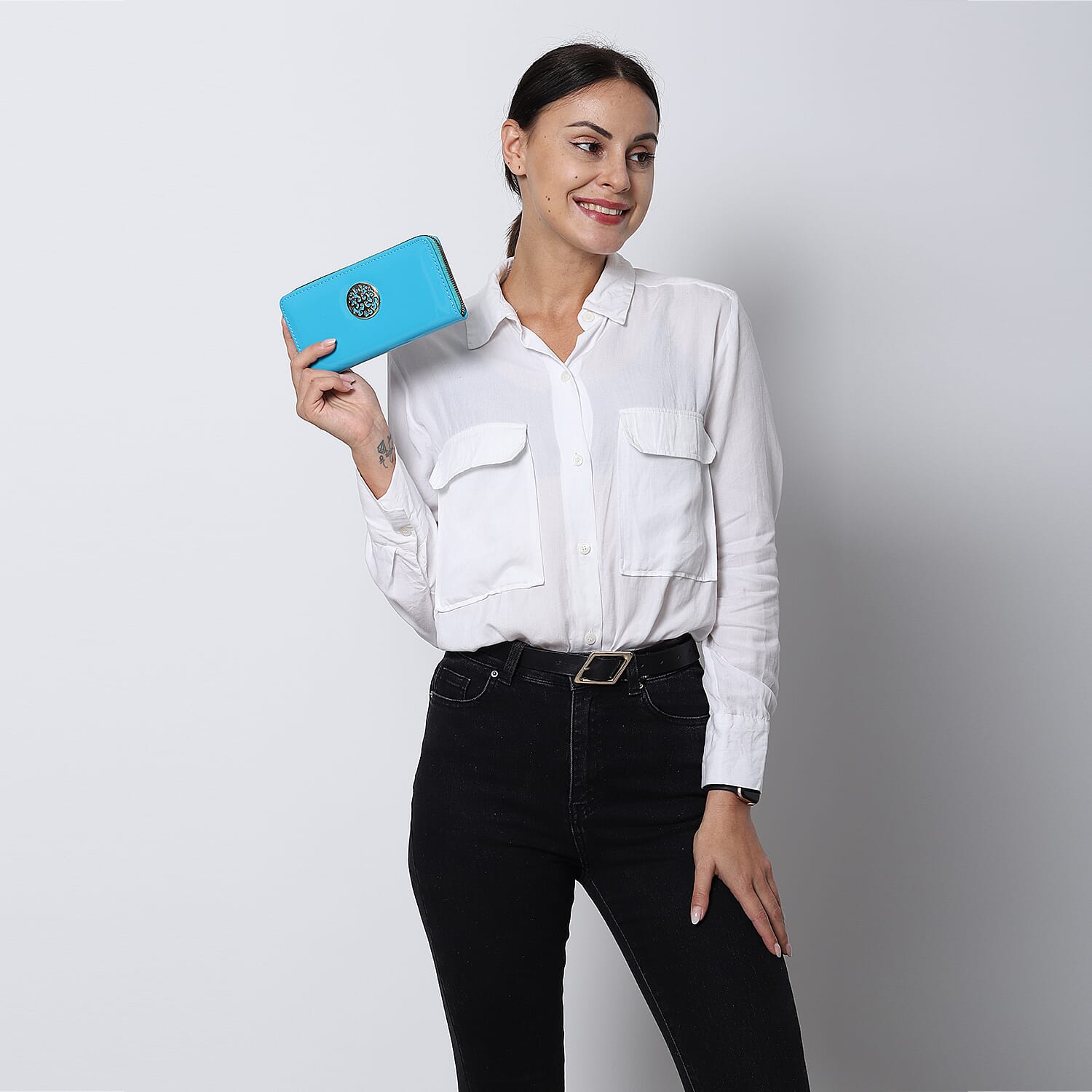 Designer Inspired  - Tree of Life Adorned RFID Wallet with Zip Around Closure  (Size:19x2.5x10Cm) - Turquoise Blue