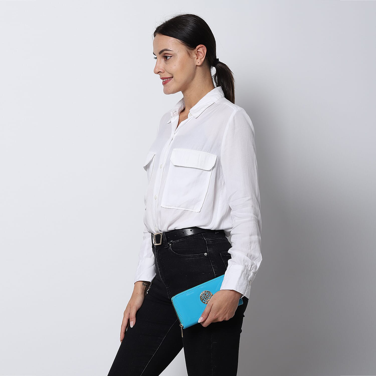 Designer Inspired  - Tree of Life Adorned RFID Wallet with Zip Around Closure  (Size:19x2.5x10Cm) - Turquoise Blue