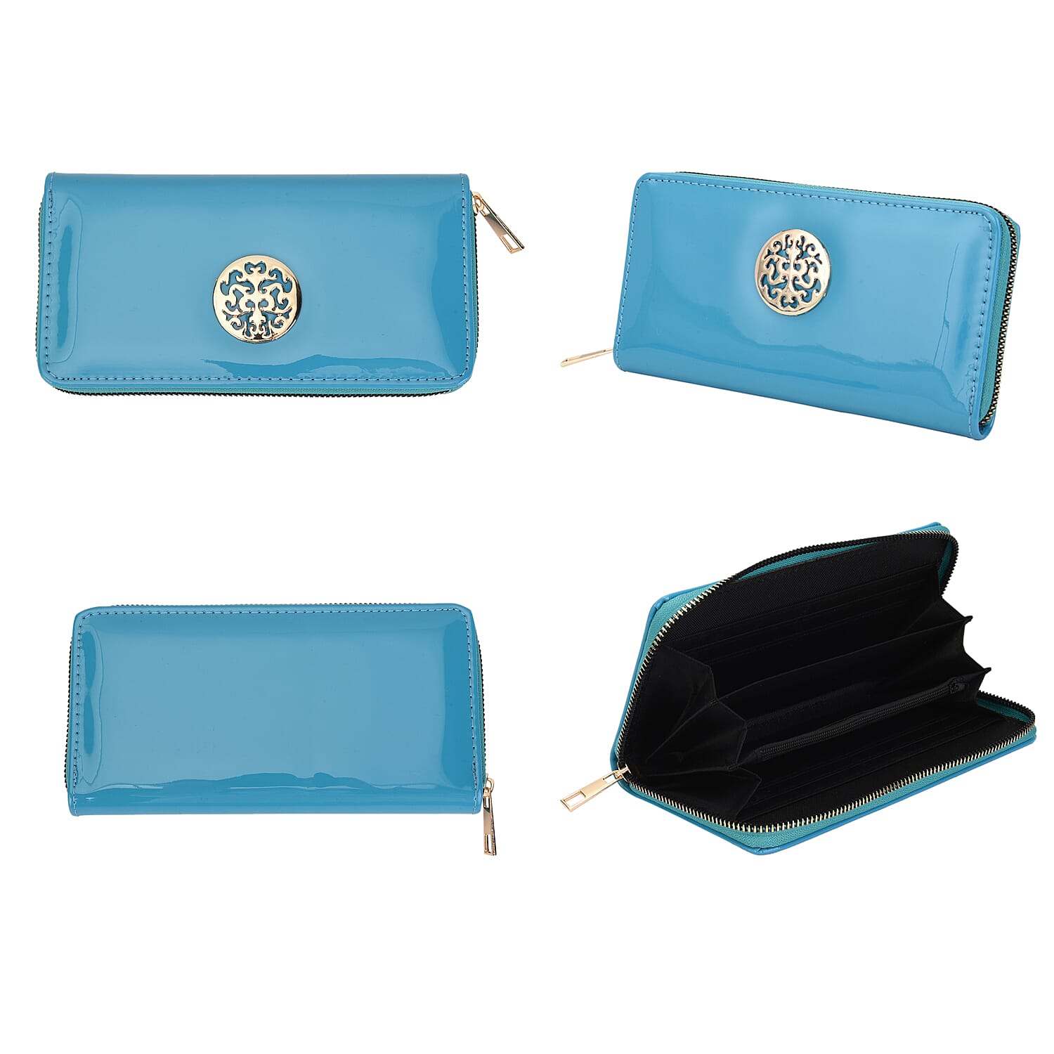 Designer Inspired  - Tree of Life Adorned RFID Wallet with Zip Around Closure  (Size:19x2.5x10Cm) - Turquoise Blue