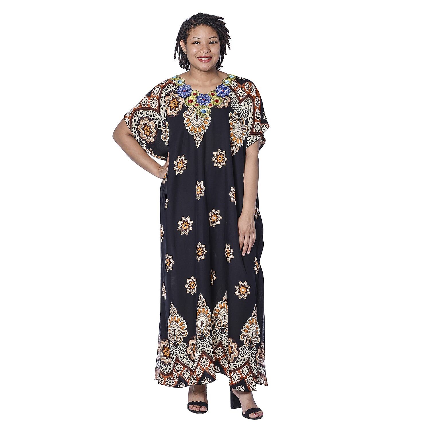 JOVIE Black Bohemian Style Printed Long Dress with Embroidered Neckline ( Up to Size 20 ) CB 54in