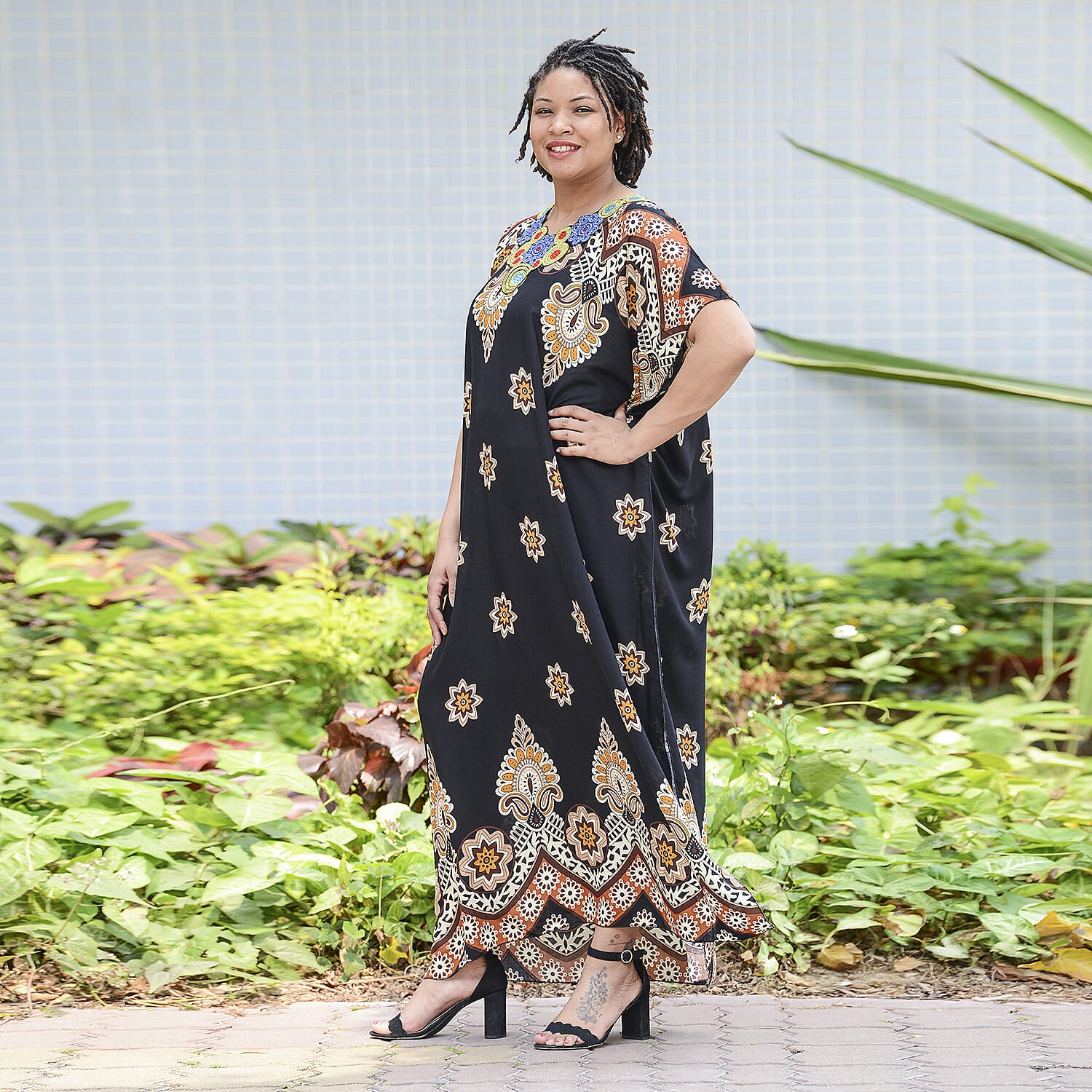 JOVIE Black Bohemian Style Printed Long Dress with Embroidered Neckline ( Up to Size 20 ) CB 54in