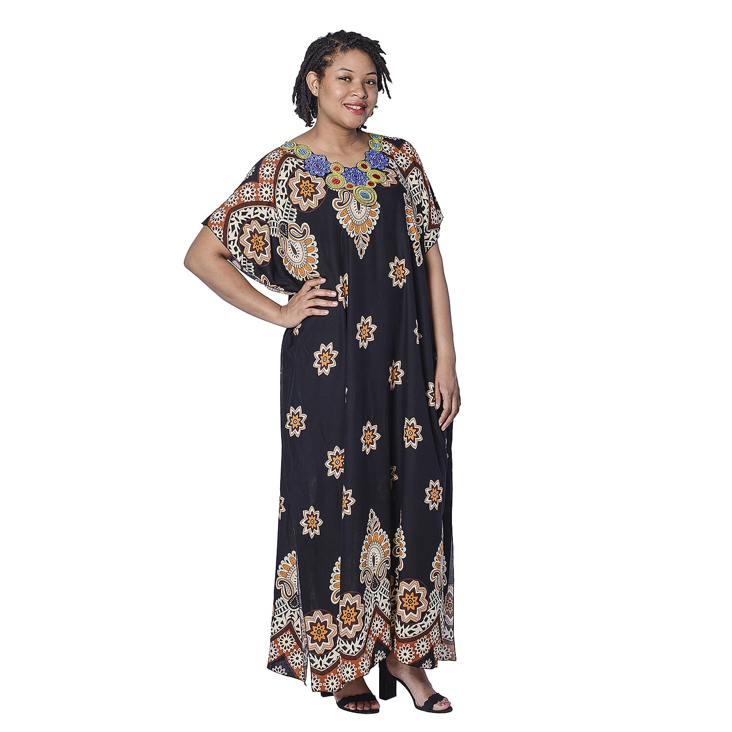 JOVIE Black Bohemian Style Printed Long Dress with Embroidered Neckline ( Up to Size 20 ) CB 54in