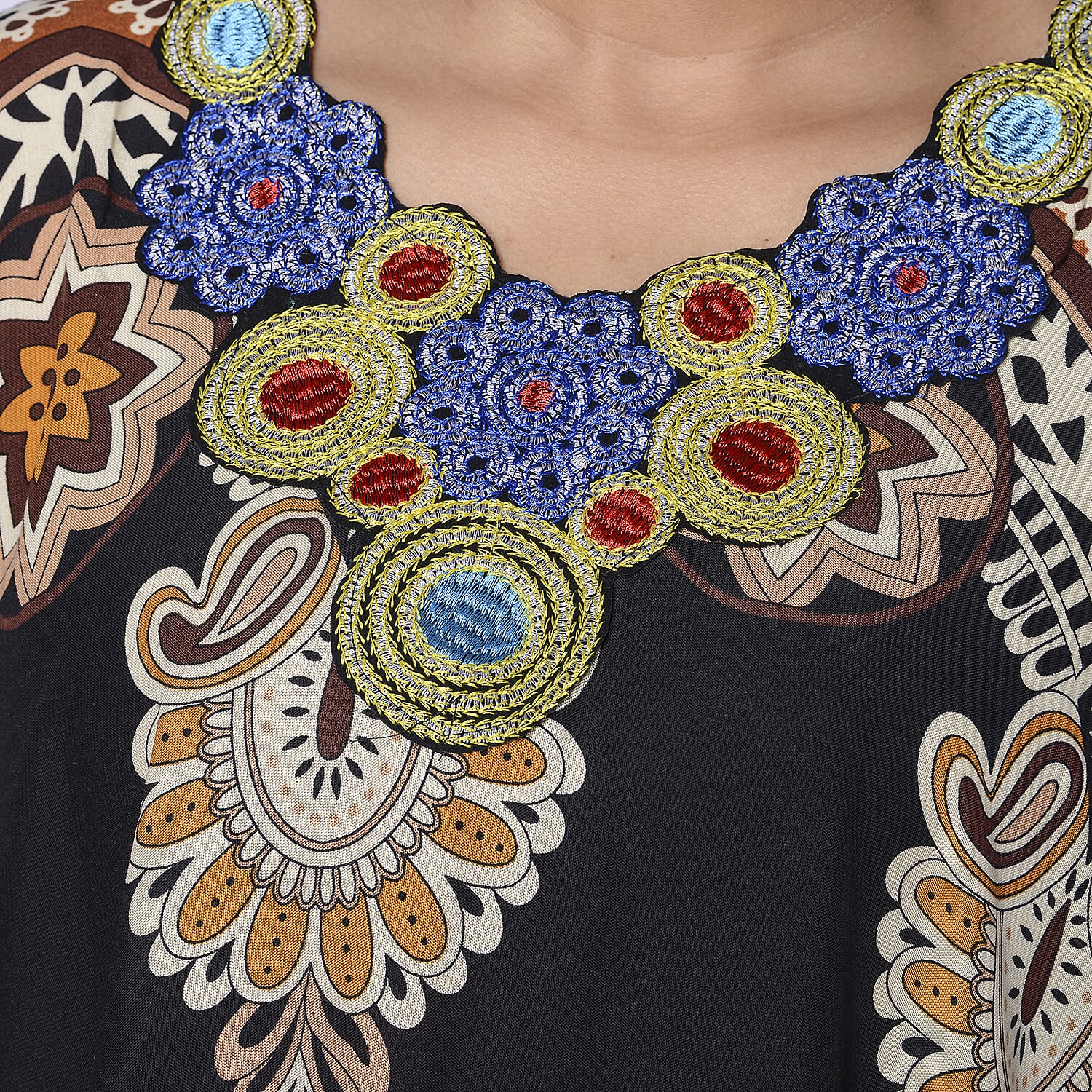 JOVIE Black Bohemian Style Printed Long Dress with Embroidered Neckline ( Up to Size 20 ) CB 54in