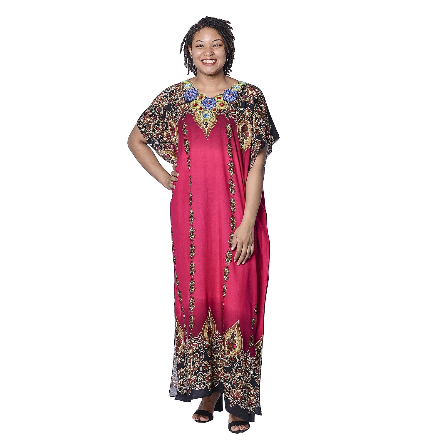 Jovie Pink Bohemian Style Printed Long Dress with Embroidered Neckline (138x78cm)
