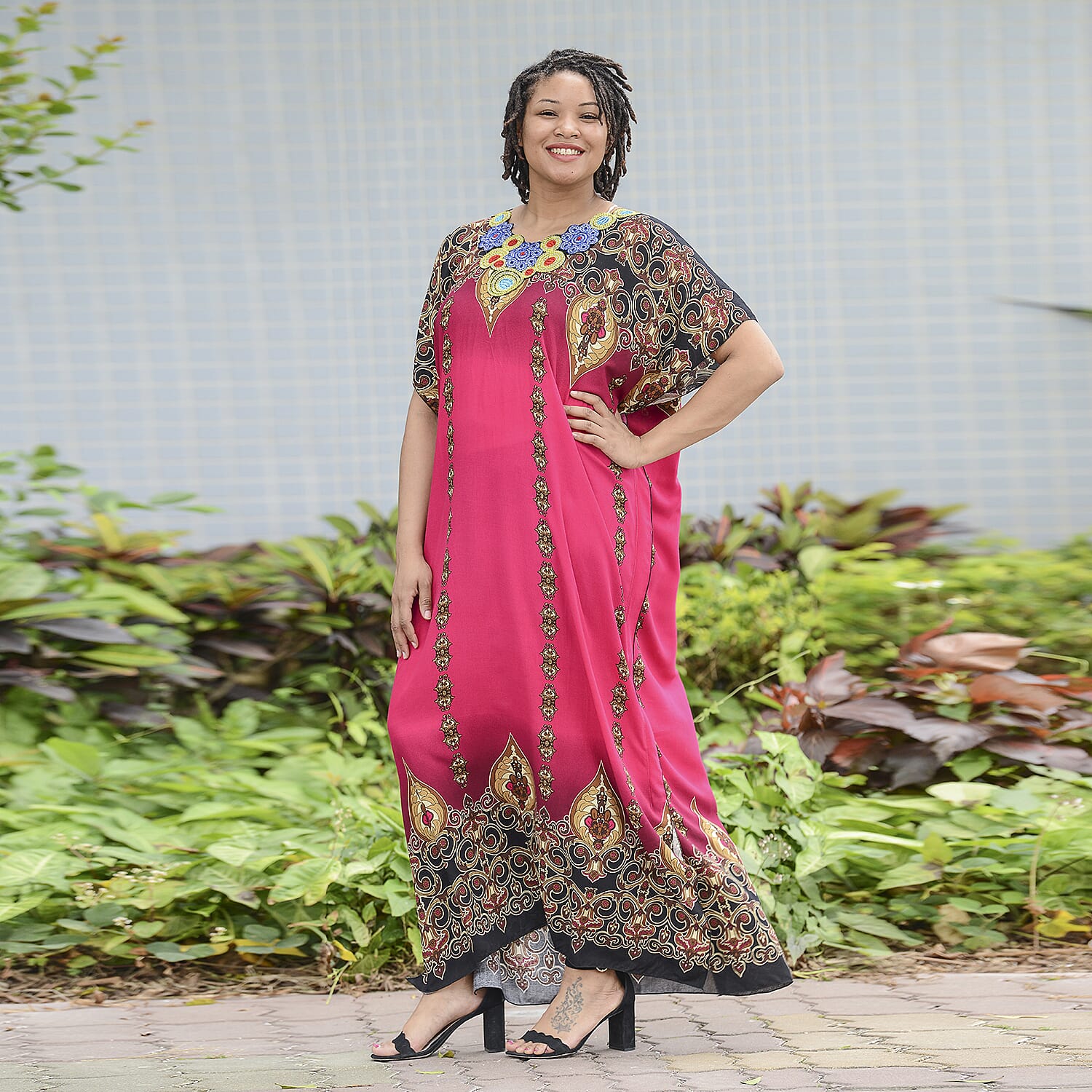 Jovie Pink Bohemian Style Printed Long Dress with Embroidered Neckline (138x78cm)