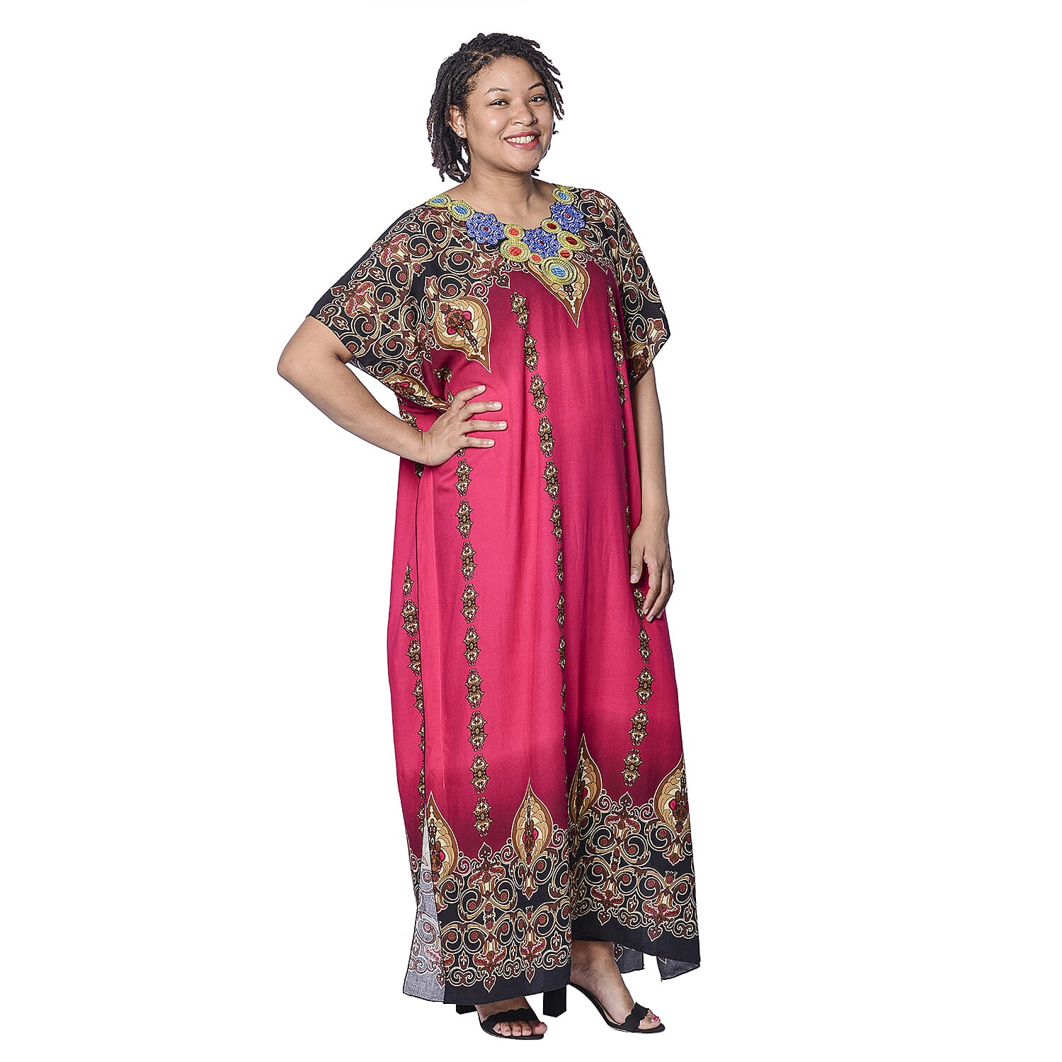Jovie Pink Bohemian Style Printed Long Dress with Embroidered Neckline (138x78cm)