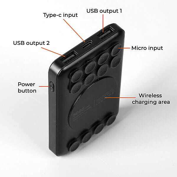 Wesdar 5000 mah Power Bank with Wireless Charger in Sucker Size:10x6.3x1.7Cm) - Black