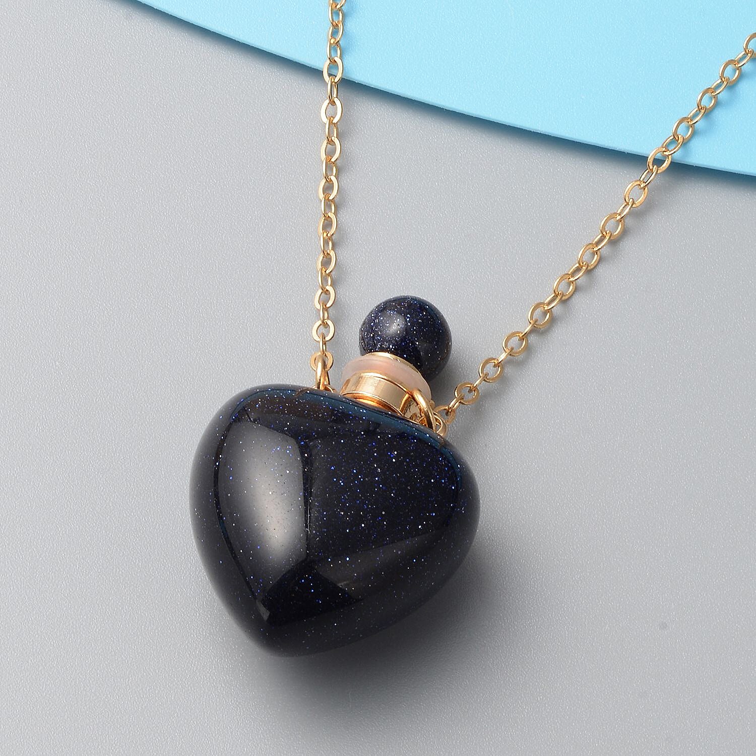 Blue Sandstone Heart Shaped Perfume Bottle Necklace (Size - 22) in Yellow Gold Tone 80.0 Ct.