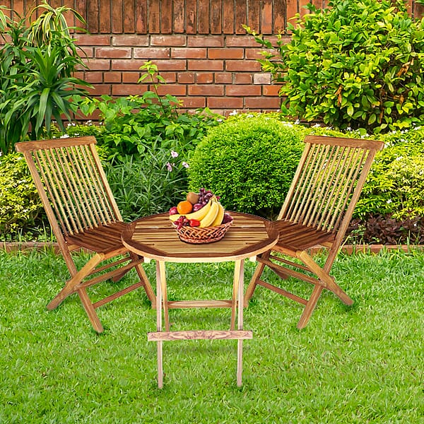 Bali Collection - Set of Two Wooden Folding Chairs (Size:89x47x40x44Cm) and a Round Table (Size 60Cm)
