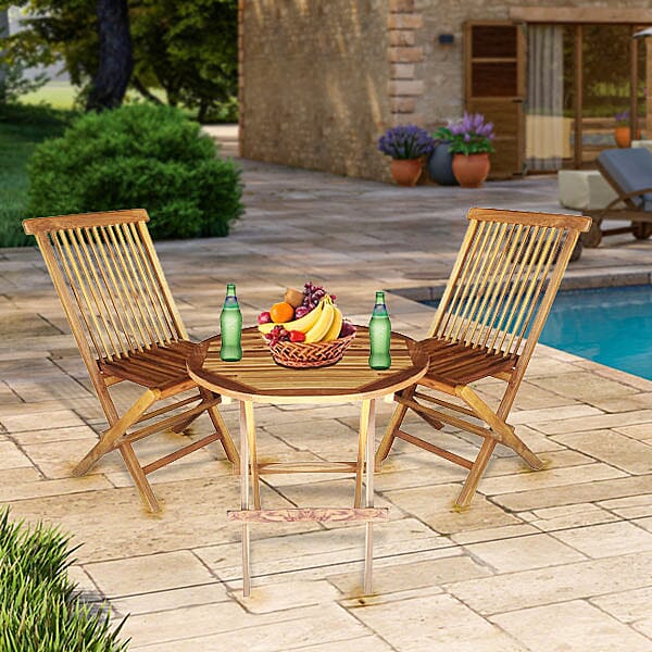Bali Collection - Set of Two Wooden Folding Chairs (Size:89x47x40x44Cm) and a Round Table (Size 60Cm)