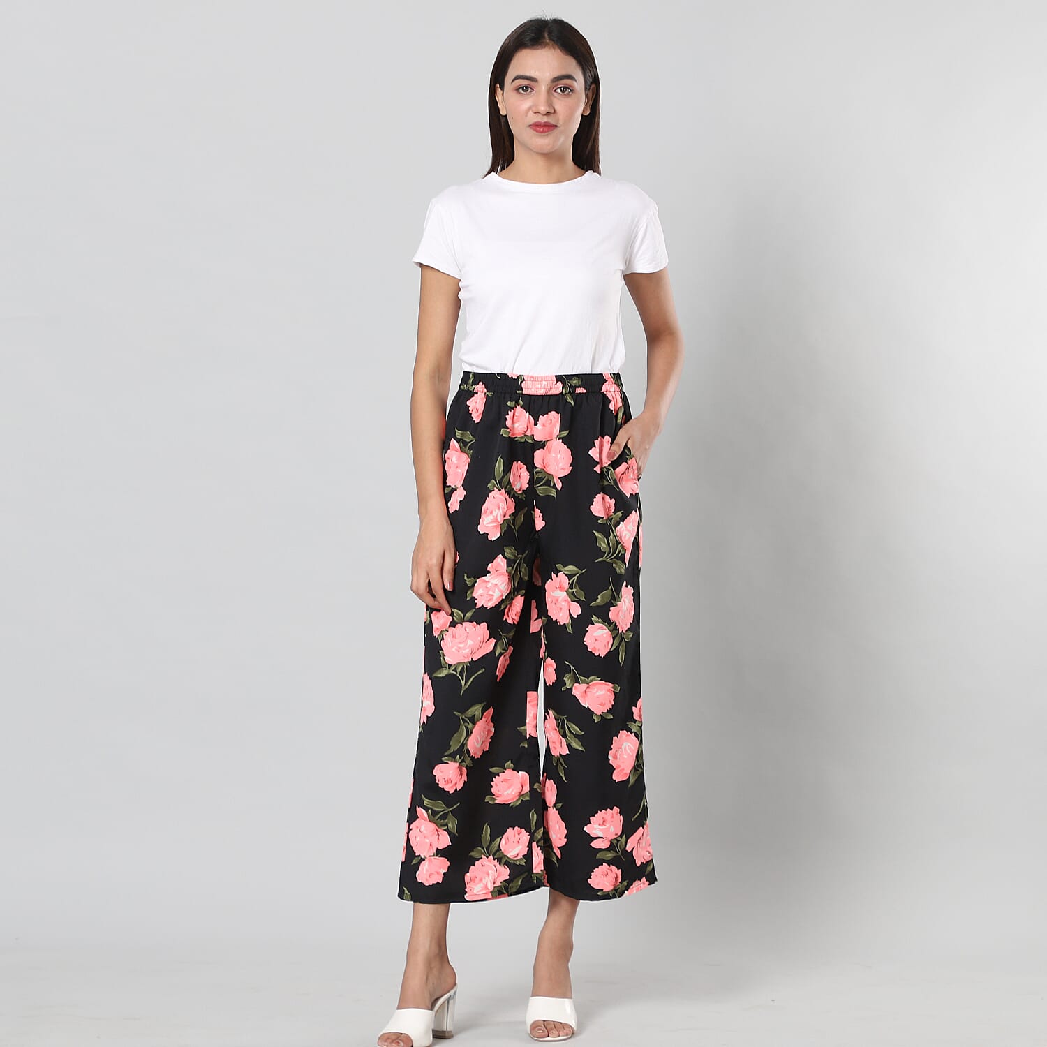 Pink Floral Print Black Trousers (Size- S-M, 10-14)