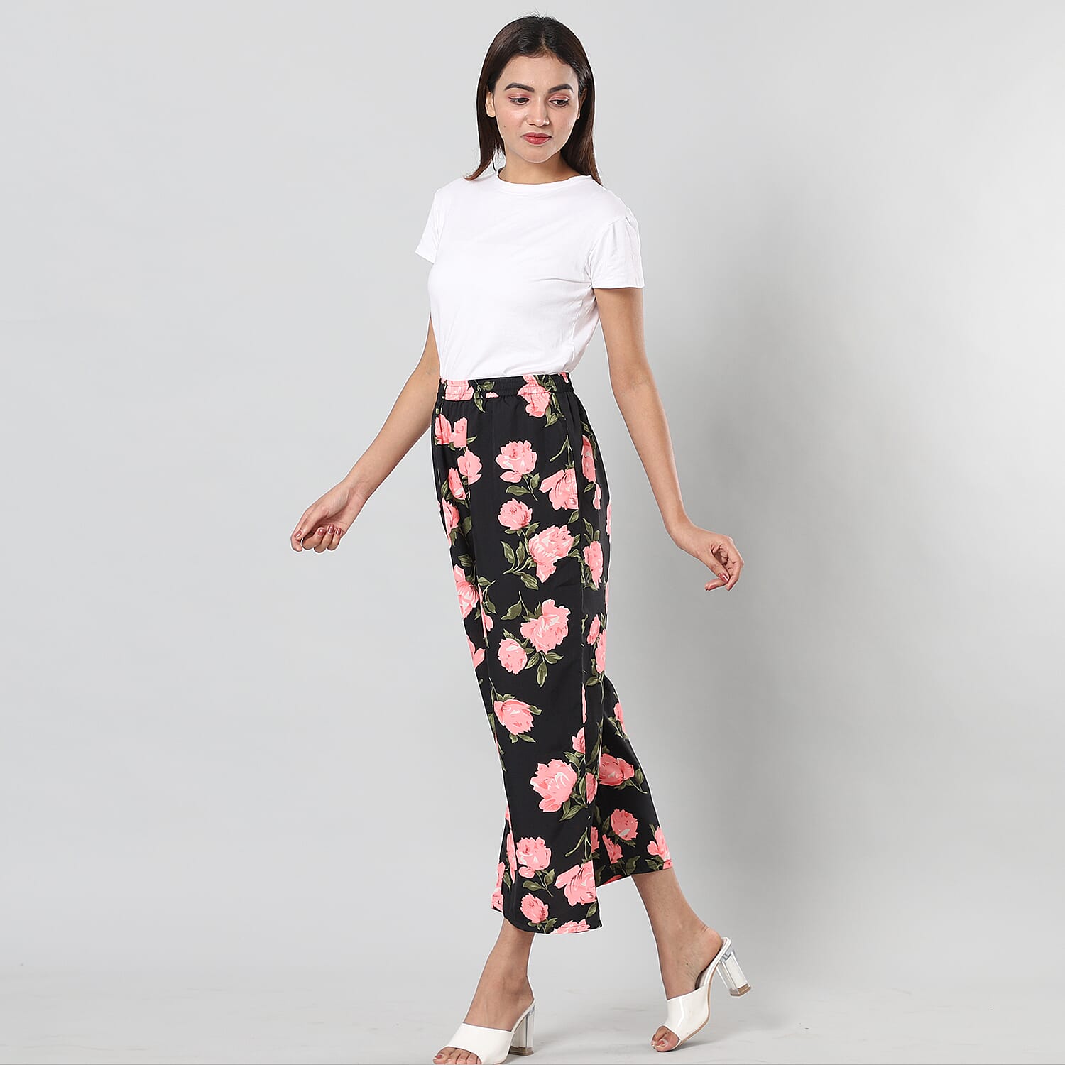 Pink Floral Print Black Trousers (Size- S-M, 10-14)