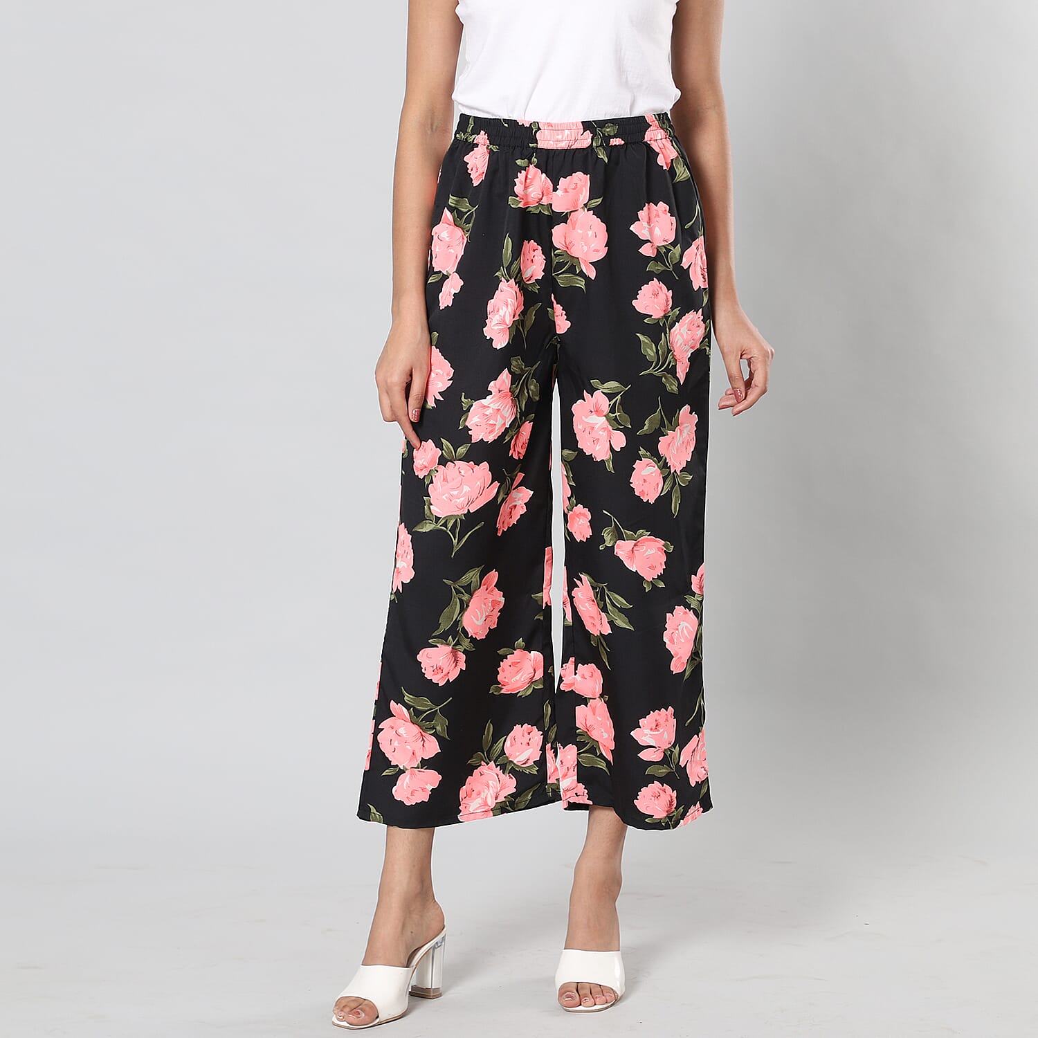 Pink Floral Print Black Trousers (Size- S-M, 10-14)