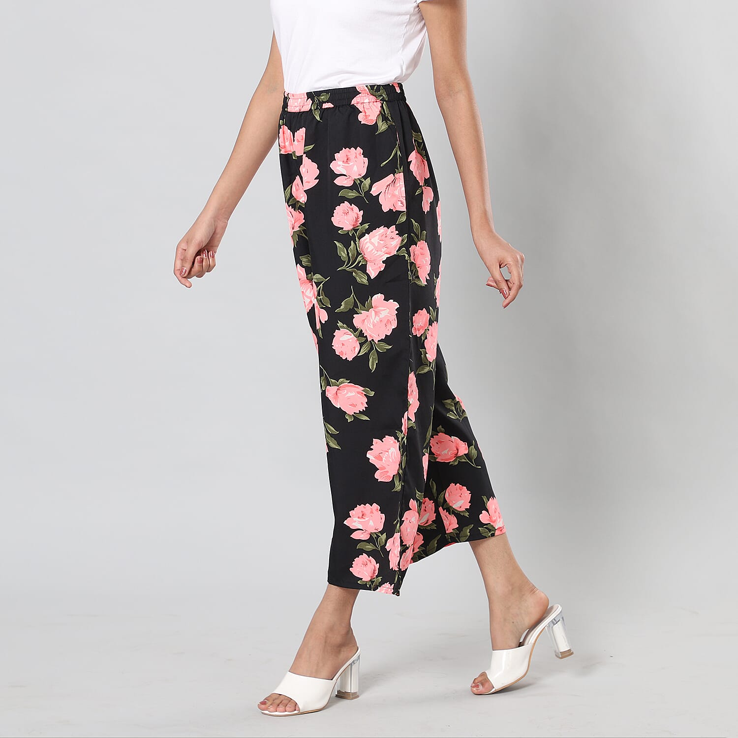 Pink Floral Print Black Trousers (Size- S-M, 10-14)