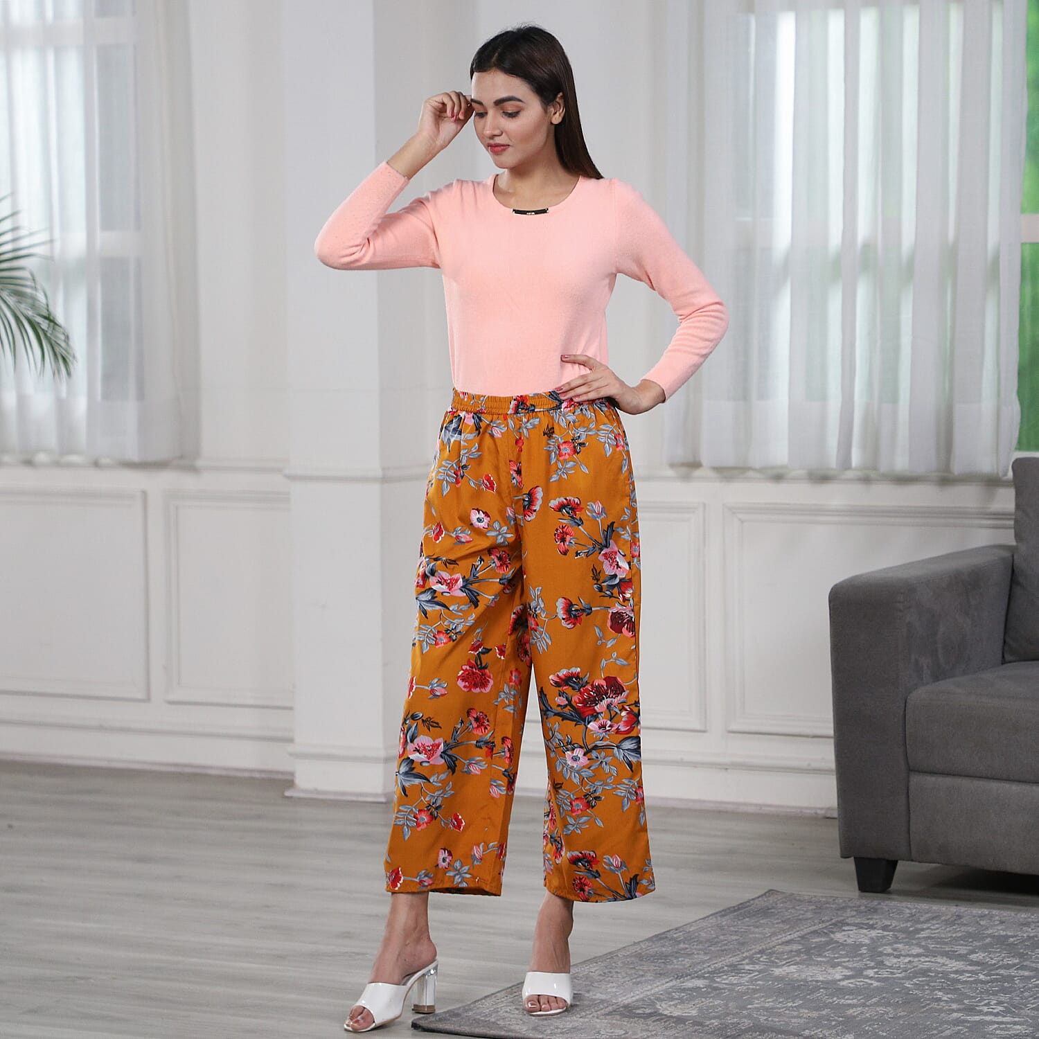 Multi Colour Floral Print Camel Trousers (Size- S-M, 10-14)