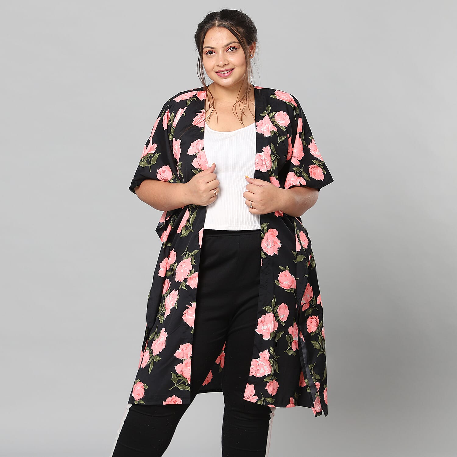 Pink Floral Print Bohemian Look Long Kimono in Black (Size up to 22)