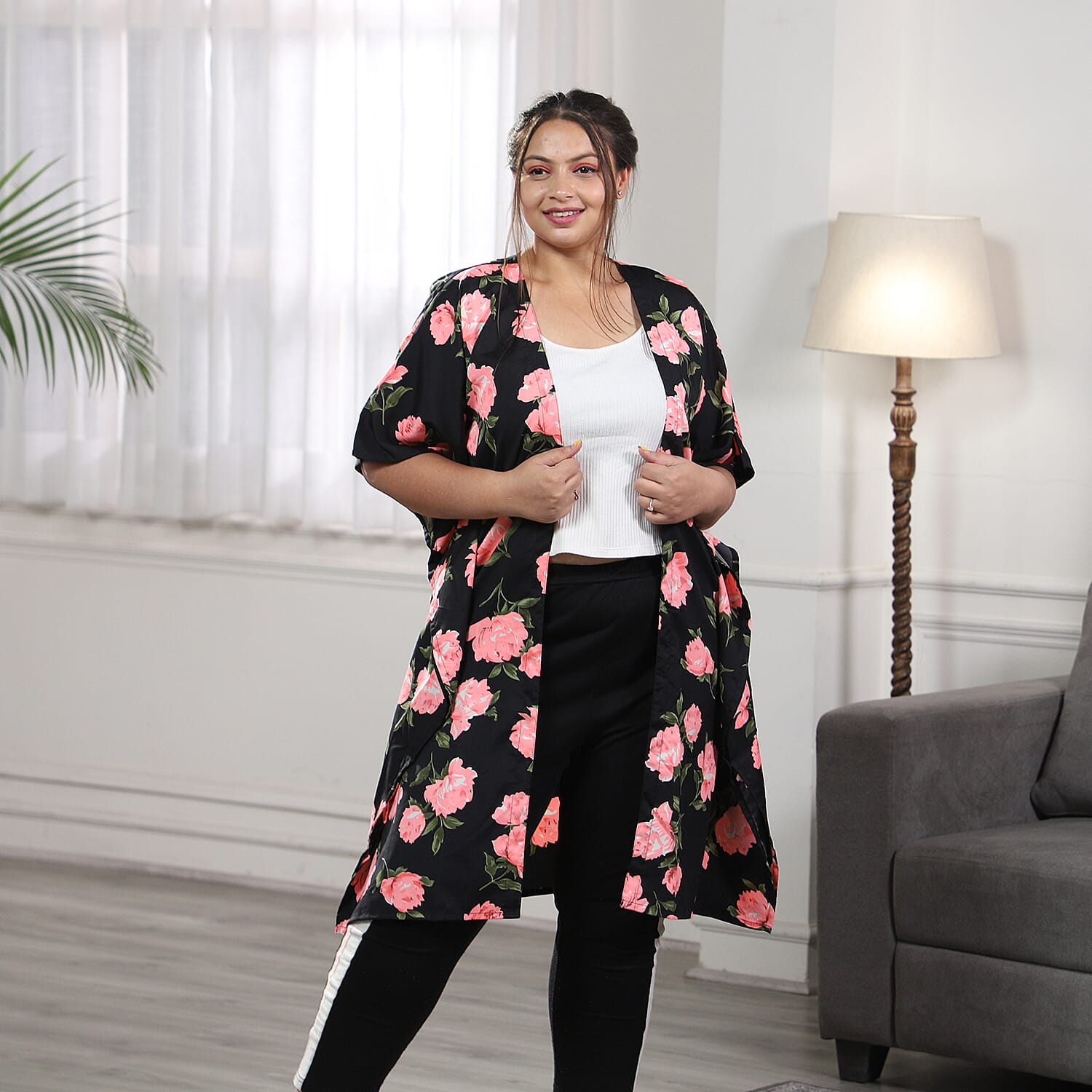 Pink Floral Print Bohemian Look Long Kimono in Black (Size up to 22)