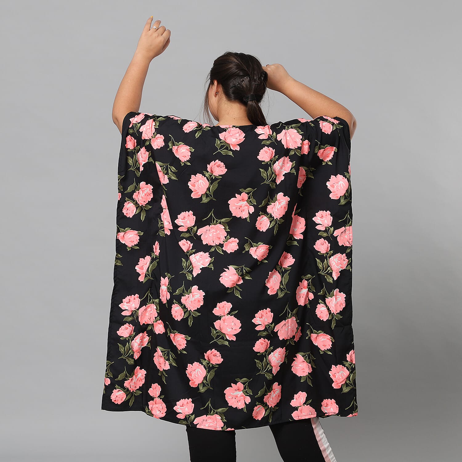 Pink Floral Print Bohemian Look Long Kimono in Black (Size up to 22)