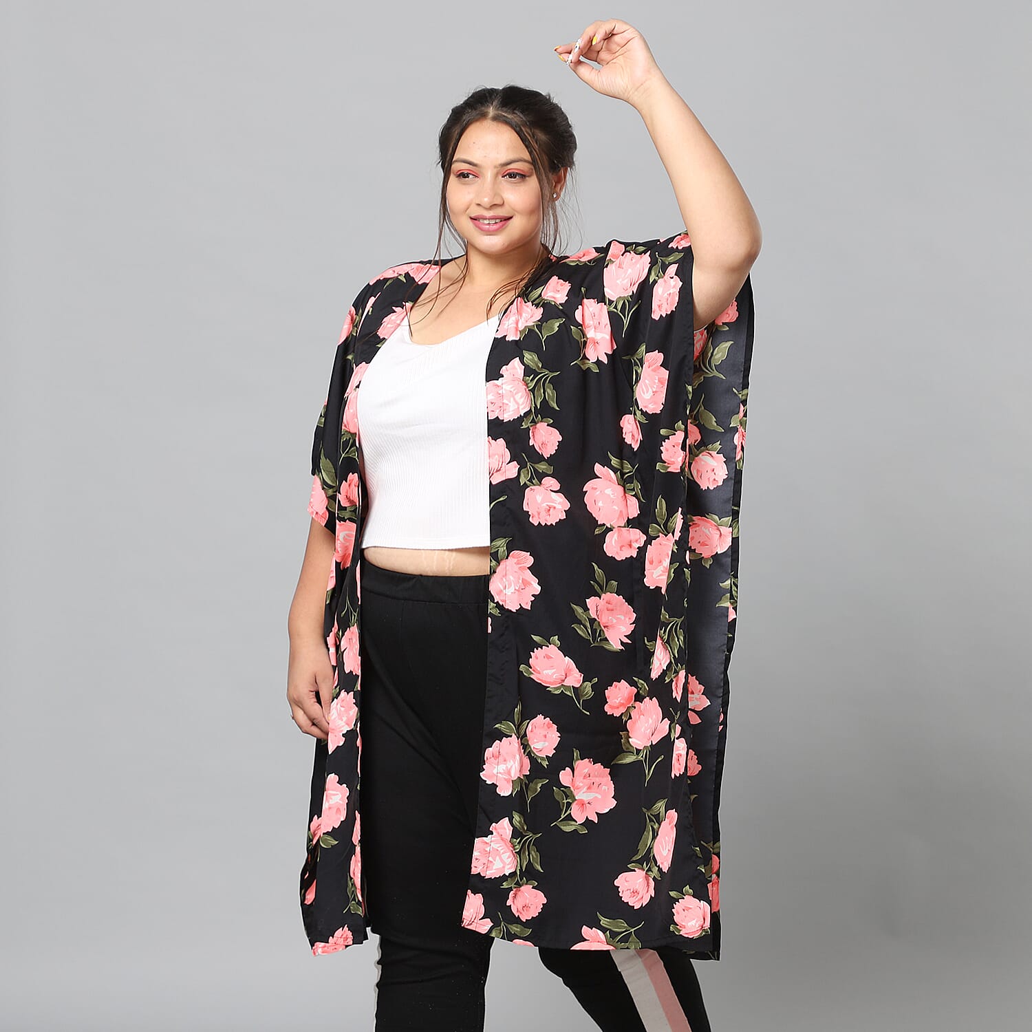 Pink Floral Print Bohemian Look Long Kimono in Black (Size up to 22)