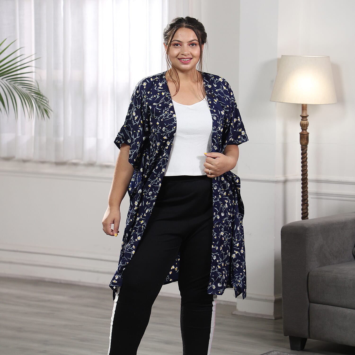 Floral Bohemian Look Long Kimono in Navy (Size up to 20)