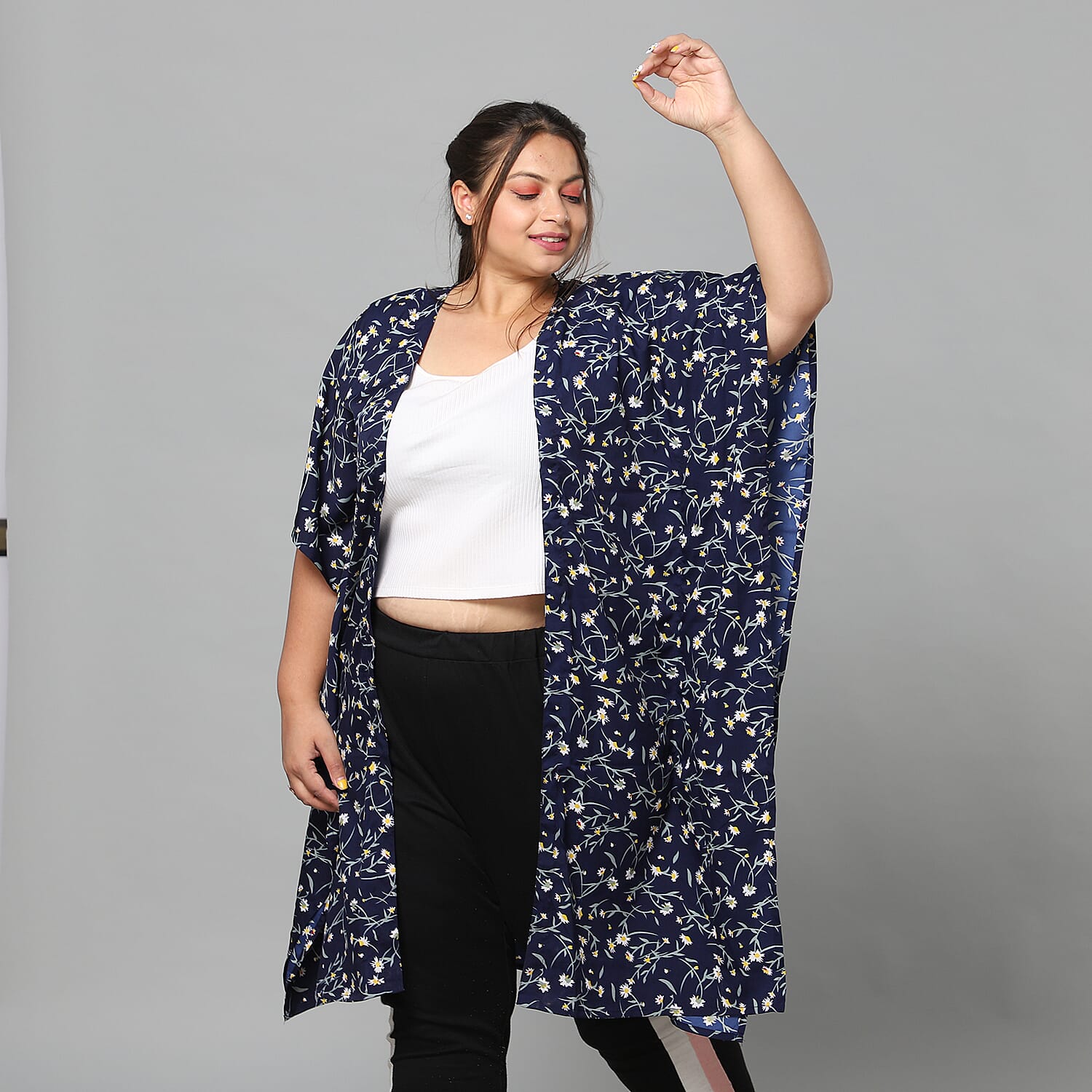 Floral Bohemian Look Long Kimono in Navy (Size up to 20)