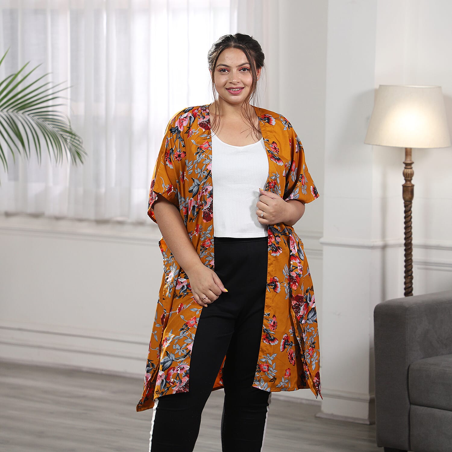 Multi Colour Floral Print Bohemian Look Long Kimono in Camel (Size up to 20)